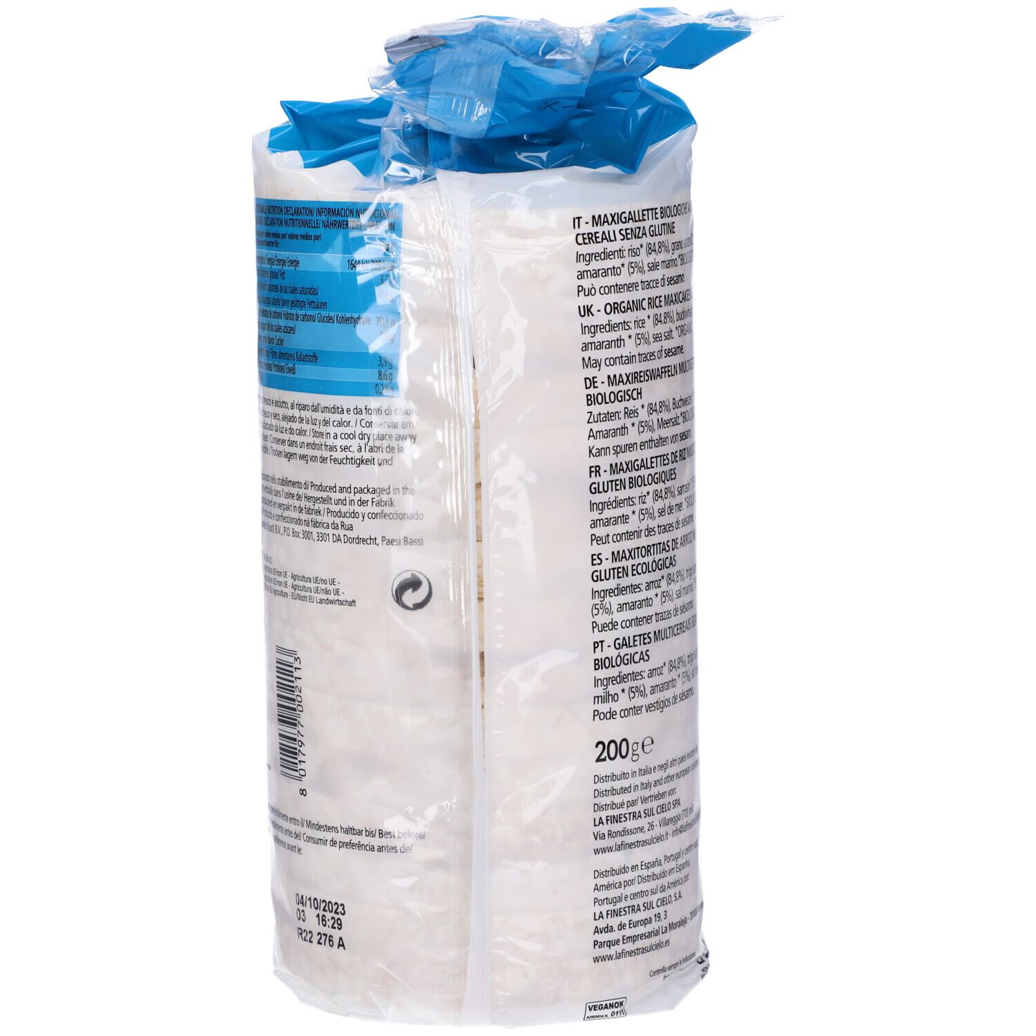 Retro della confezione con elenco ingredienti e valori nutrizionali. Testo: Maxi Gallette Bio. Senza glutine. 200g.