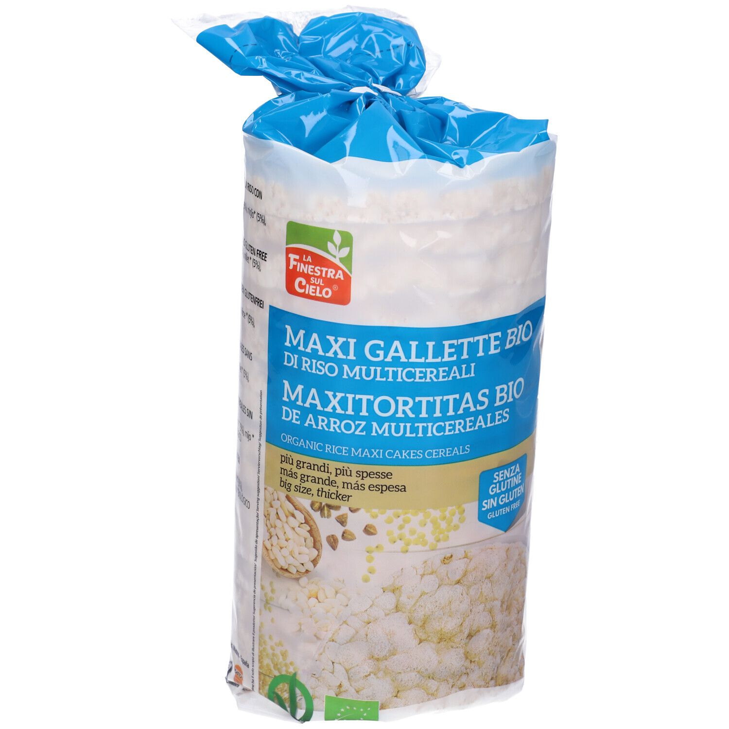 Confezione di Maxi Gallette Bio. Testo: Maxi Gallette Bio di Riso Multicereale. Senza glutine. Certificazione bio.