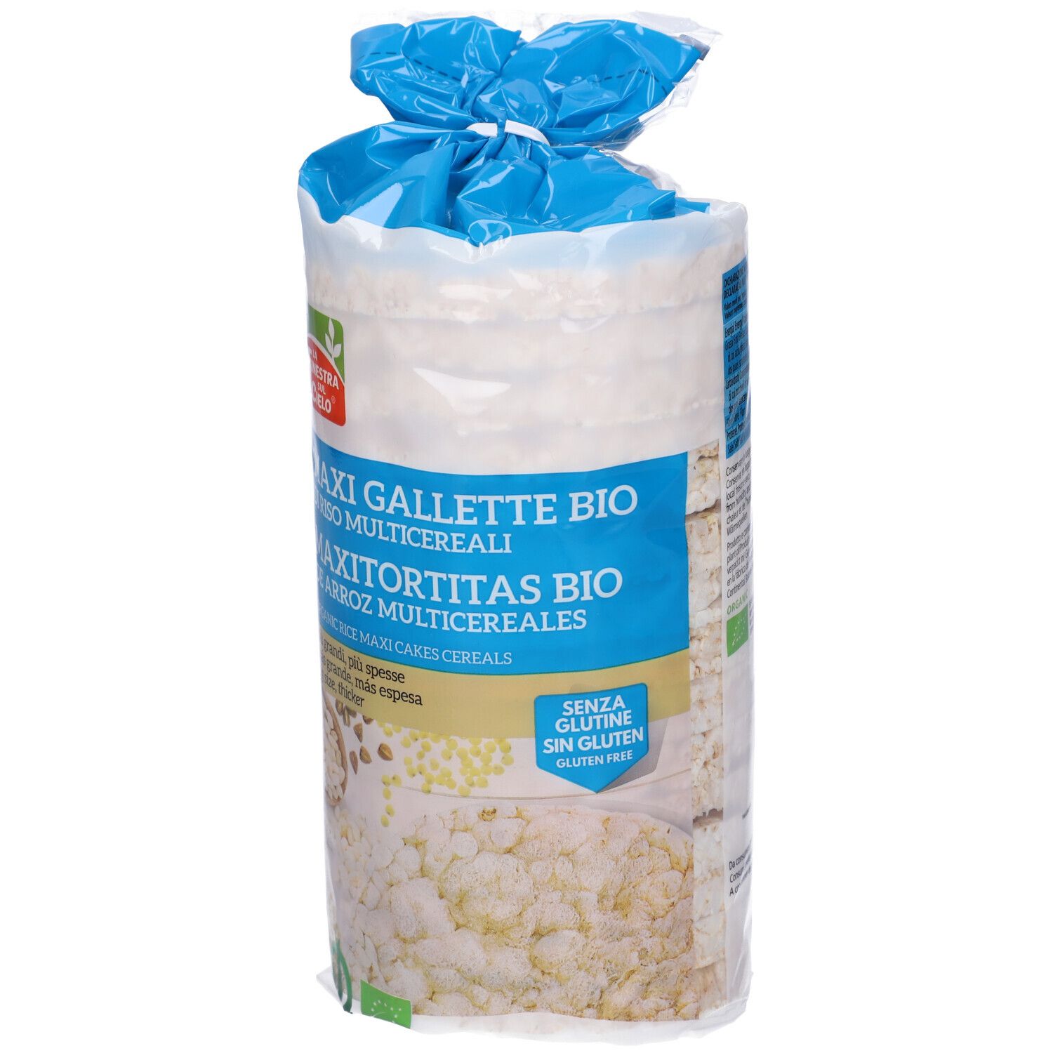 Confezione di Maxi Gallette Bio. Testo: Maxi Gallette Bio di Riso Multicereale. Senza glutine. Certificazione bio.