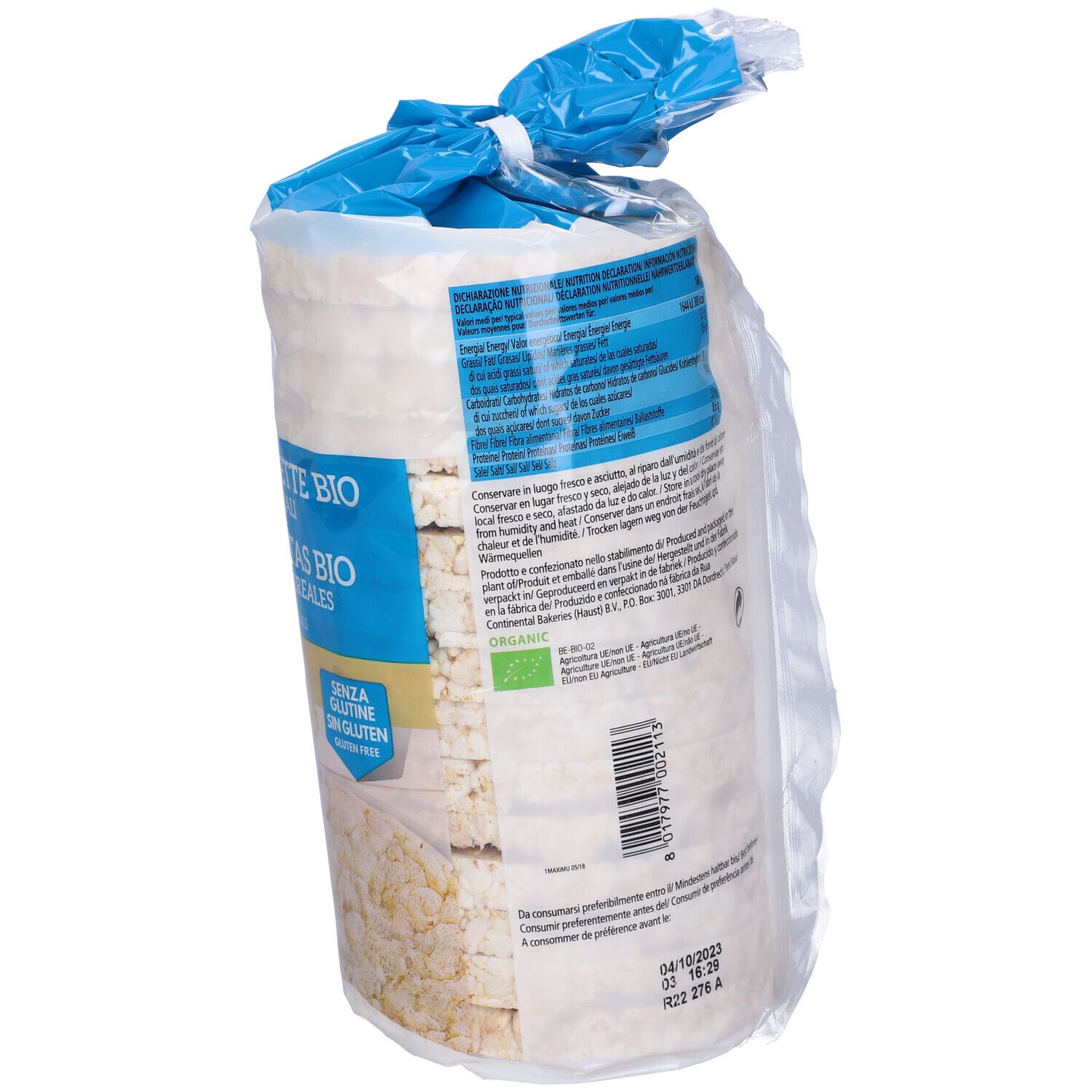 Retro della confezione con elenco ingredienti e valori nutrizionali. Testo: Maxi Gallette Bio. Senza glutine. 200g.