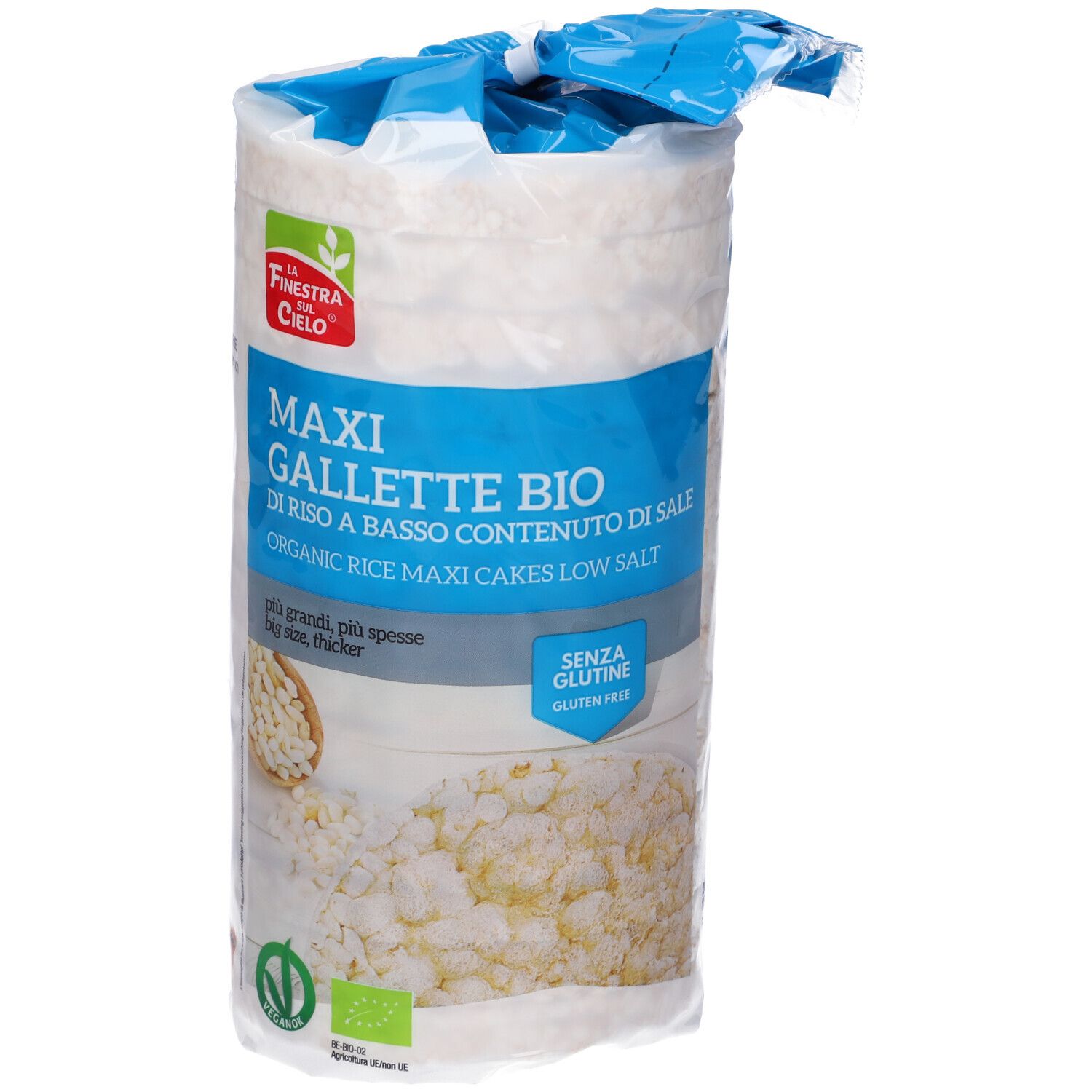 Confezione di gallette di riso. Scritta: MAXI GALLETTE BIO, a basso contenuto di sale, senza glutine. Bio.