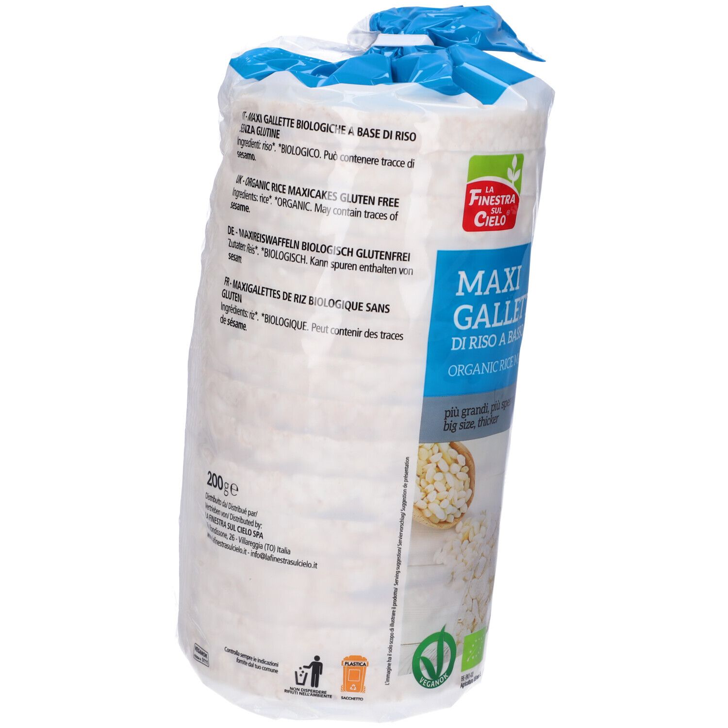 Confezione di gallette di riso. Scritta: MAXI GALLETTE BIO, a basso contenuto di sale, senza glutine. Bio.