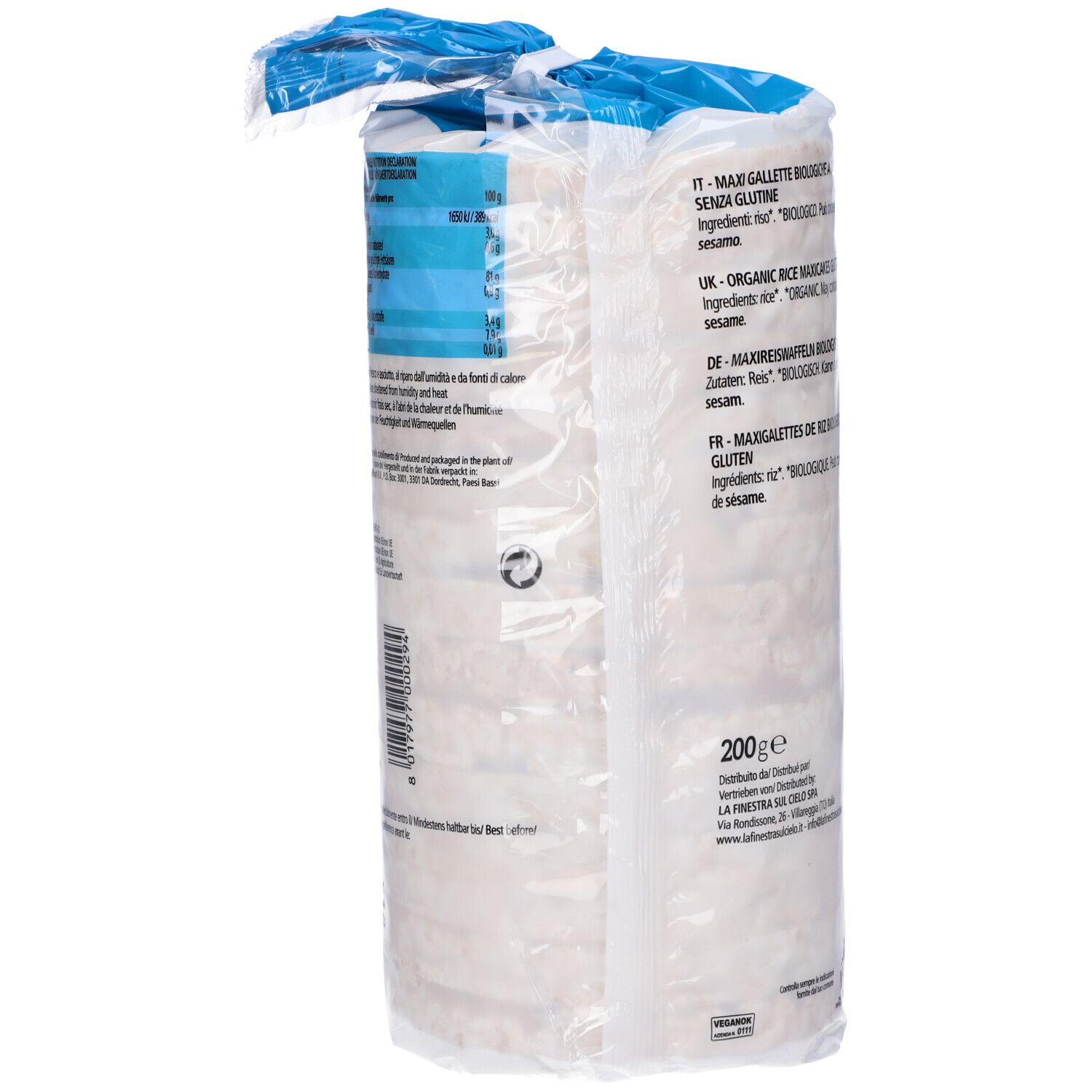 Retro confezione gallette di riso. Informazioni nutrizionali e ingredienti. Certificazione bio.