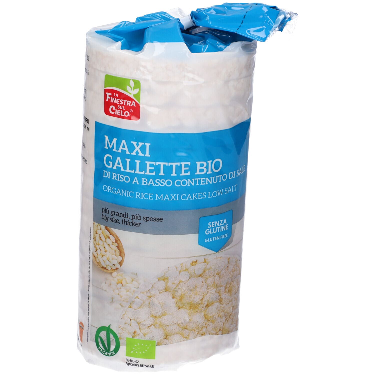 Confezione di gallette di riso. Scritta: MAXI GALLETTE BIO, a basso contenuto di sale, senza glutine. Bio.