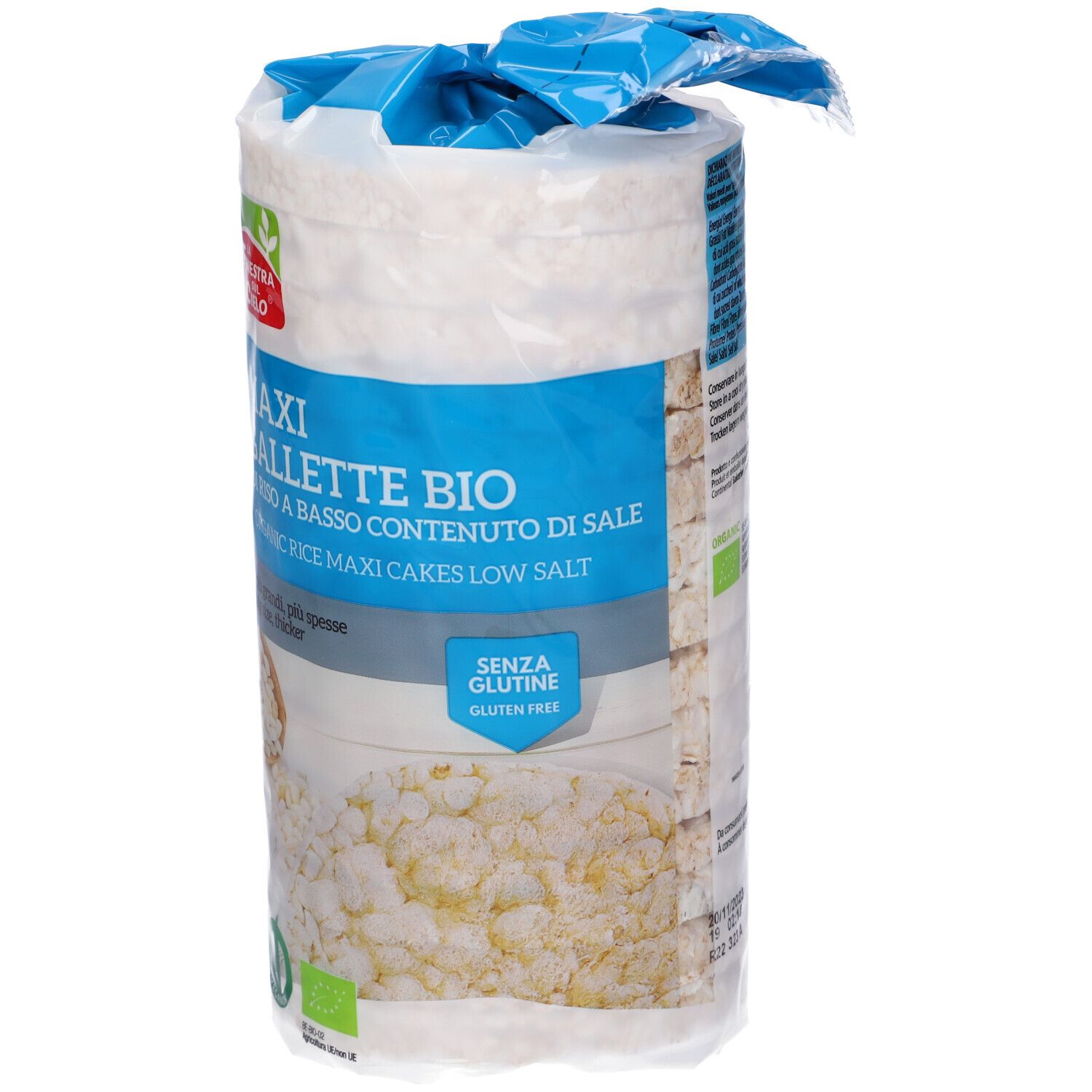 Confezione di gallette di riso. Scritta: MAXI GALLETTE BIO, a basso contenuto di sale, senza glutine. Bio.