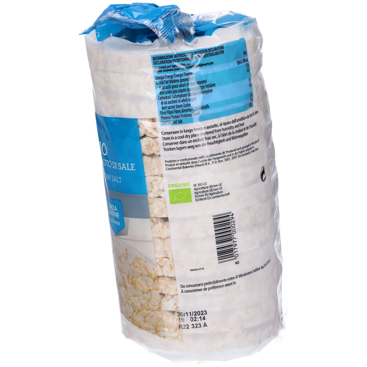 Retro confezione gallette di riso. Informazioni nutrizionali e data di scadenza. Certificazione bio.