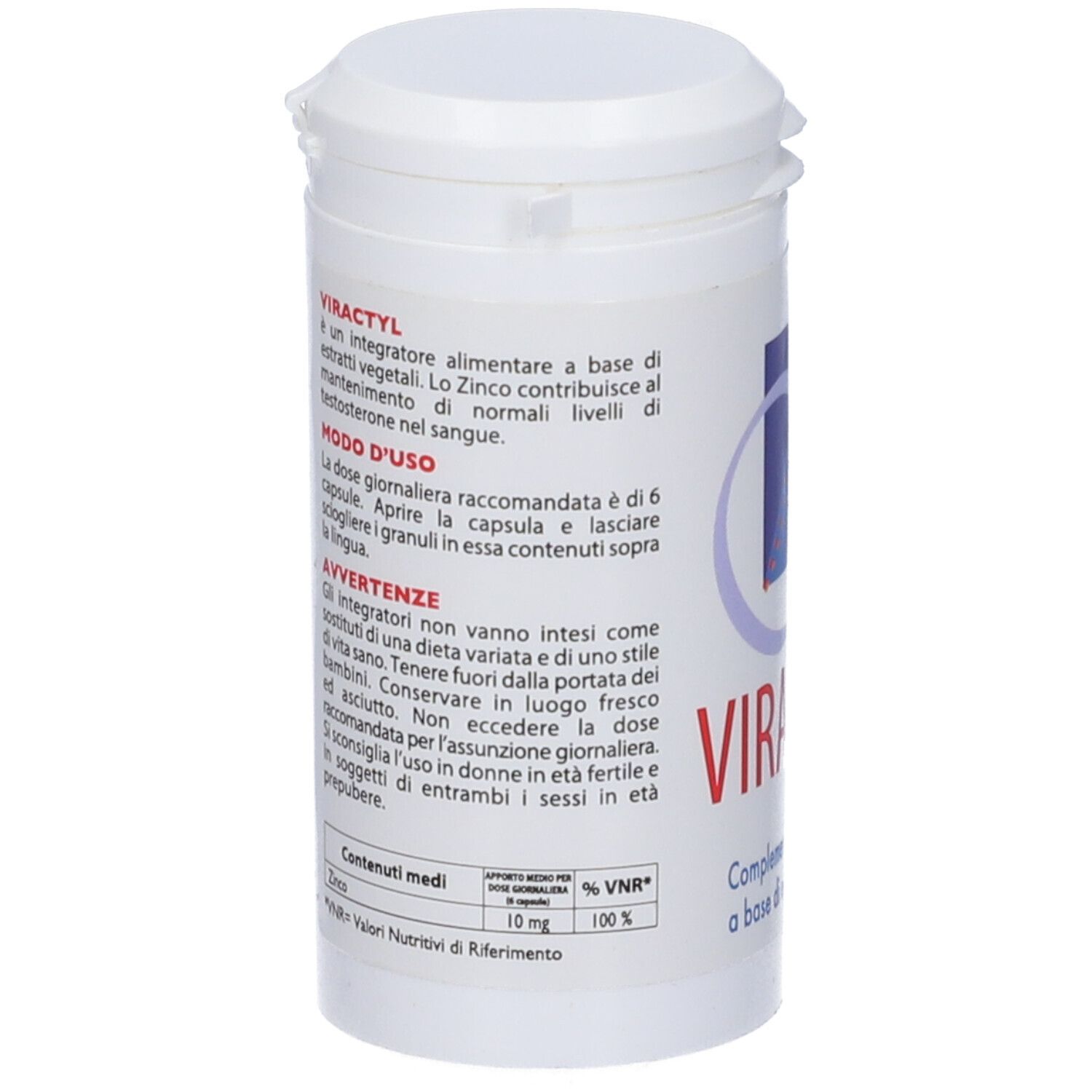 Barattolo bianco con etichetta "Viractyl". Testo: "Integratore alimentare". Informazioni per l'uso.