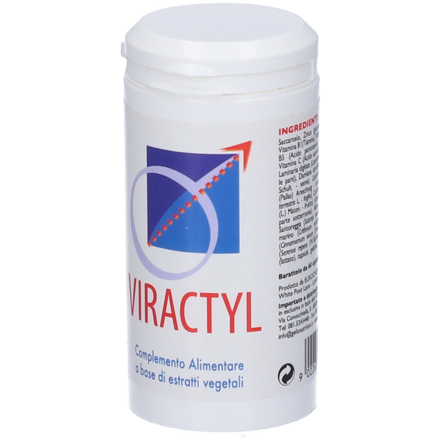 Barattolo bianco con etichetta "Viractyl". Contiene ingredienti e logo. Testo: "Complemento Alimentare".