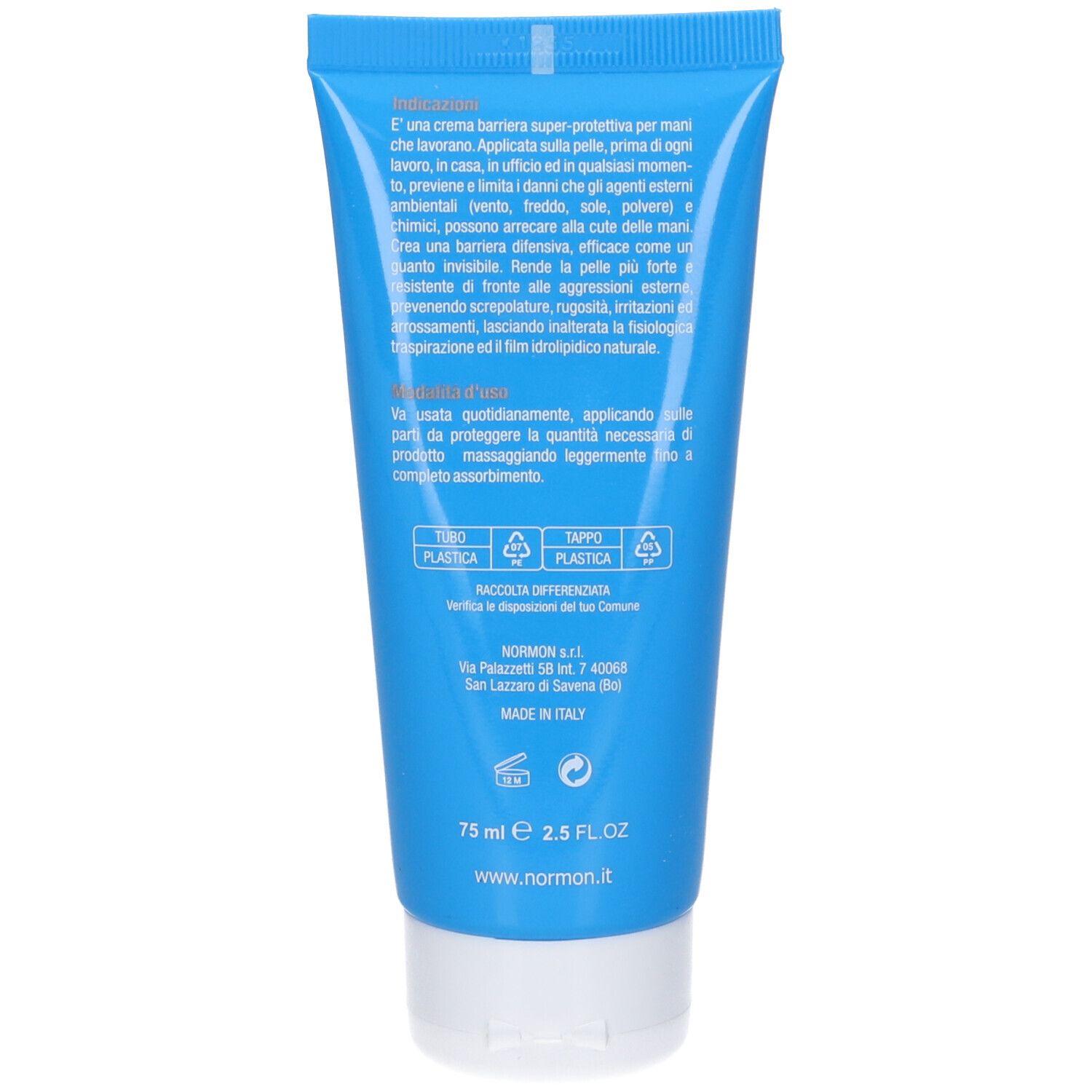 Retro di un tubo blu. Testo in italiano. Contiene informazioni sull'uso e gli ingredienti.