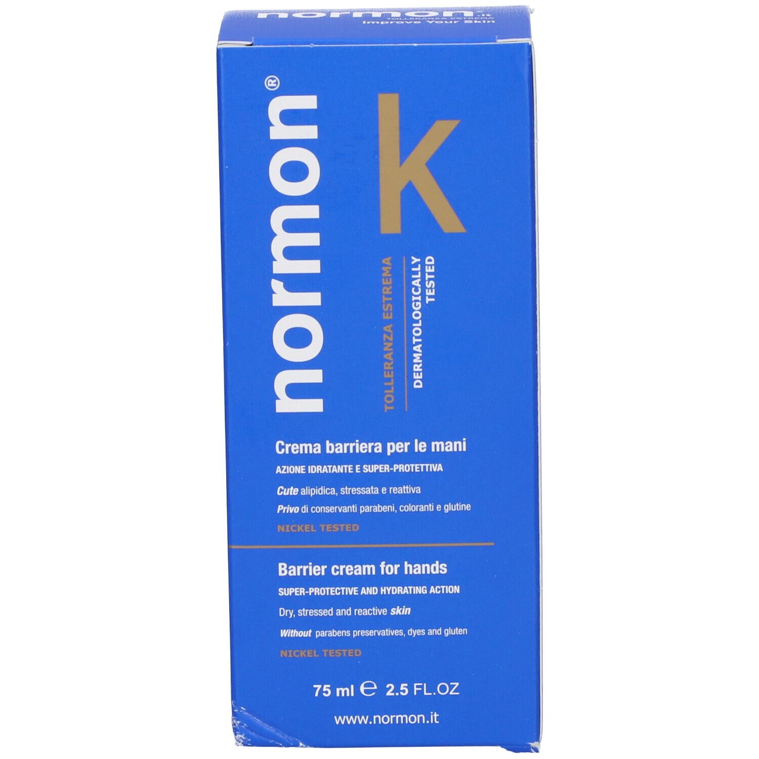 Scatola blu con scritta: Normon K, Crema Barriera per le mani. Dermatologicamente testato. Testato al nichel.