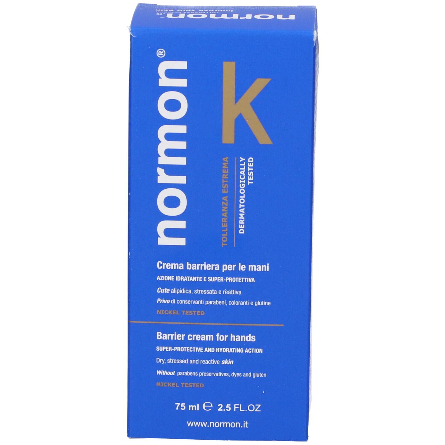 Scatola blu con scritta: Normon K, Crema Barriera per le mani. Dermatologicamente testato. Testato al nichel.