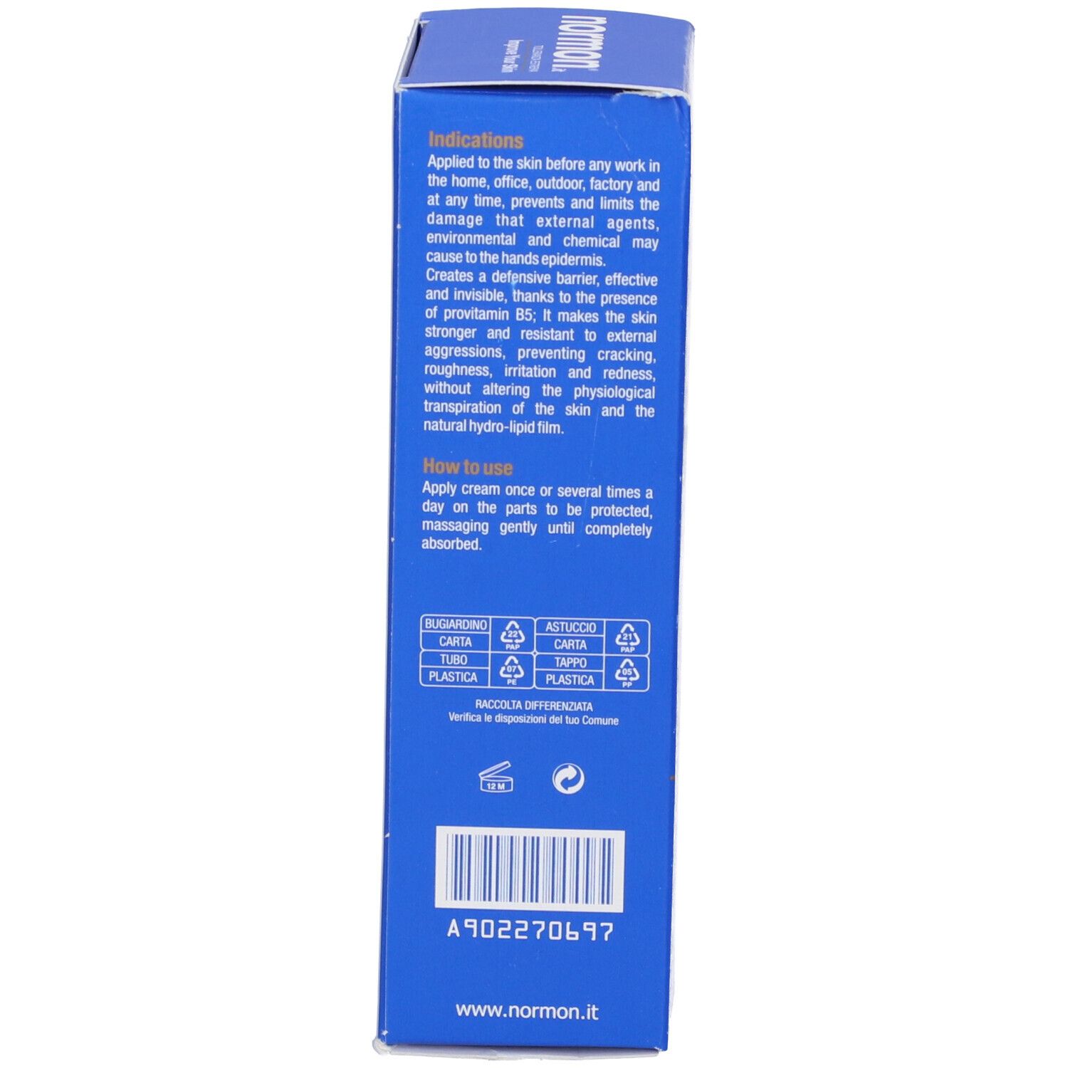 Scatola blu, retro. Testo in italiano. Contiene informazioni sull'uso e gli ingredienti.