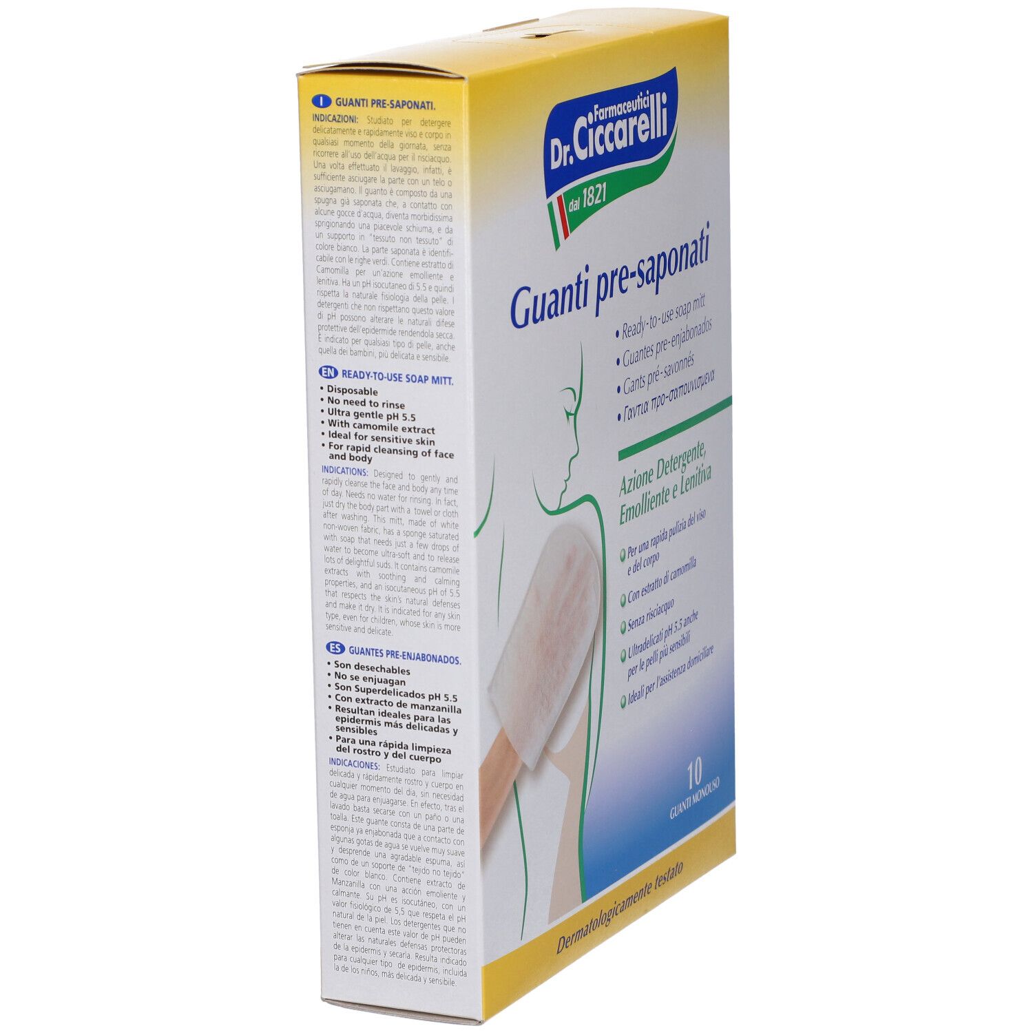 Confezione di Guanti pre-saponati. Marchio Dr. Ciccarelli. Vista laterale. Scritte: Guanti pre-saponati, dermatologicamente testato.