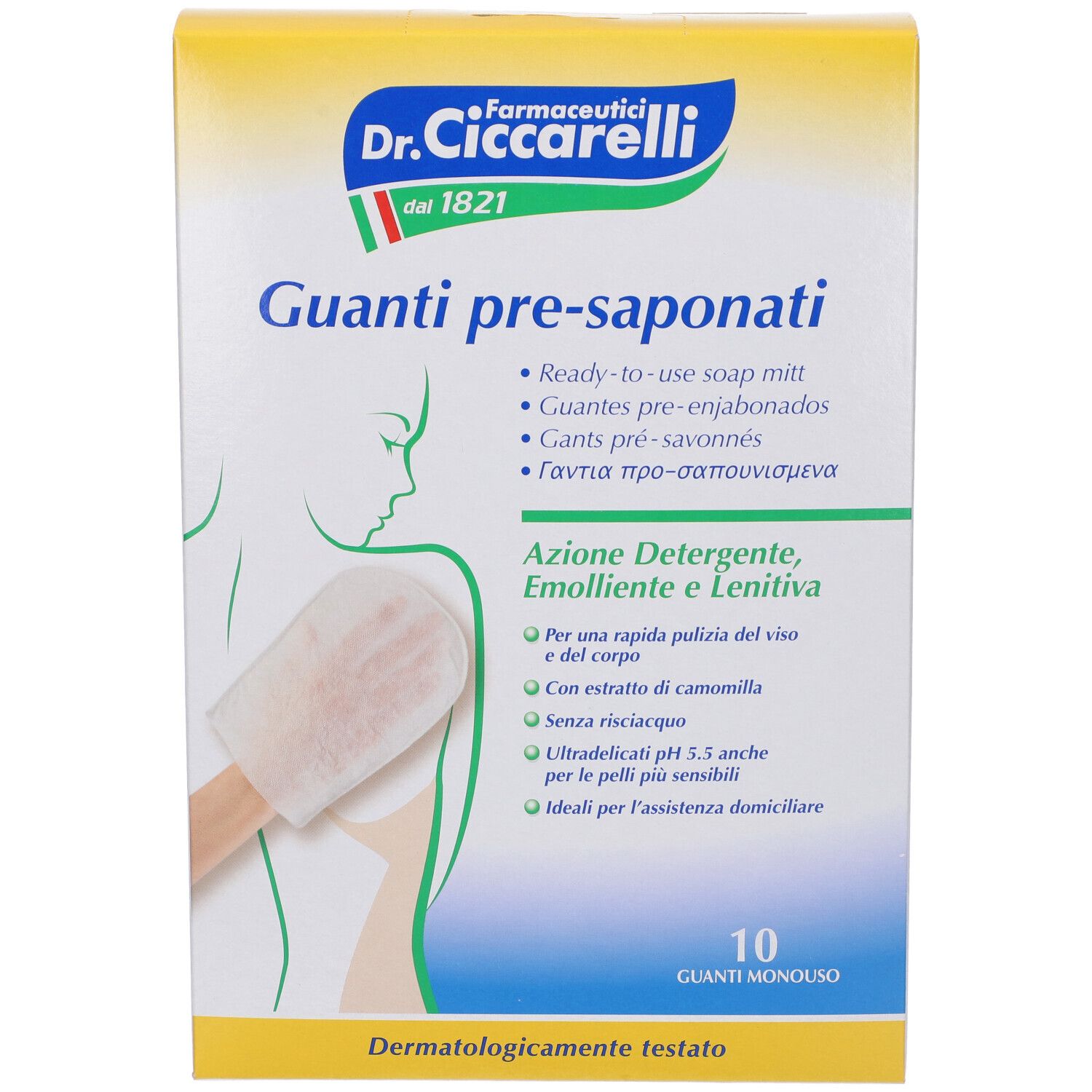 Confezione di Guanti pre-saponati. Marchio Dr. Ciccarelli. 10 pezzi. Scritte: Guanti pre-saponati, dermatologicamente testato.