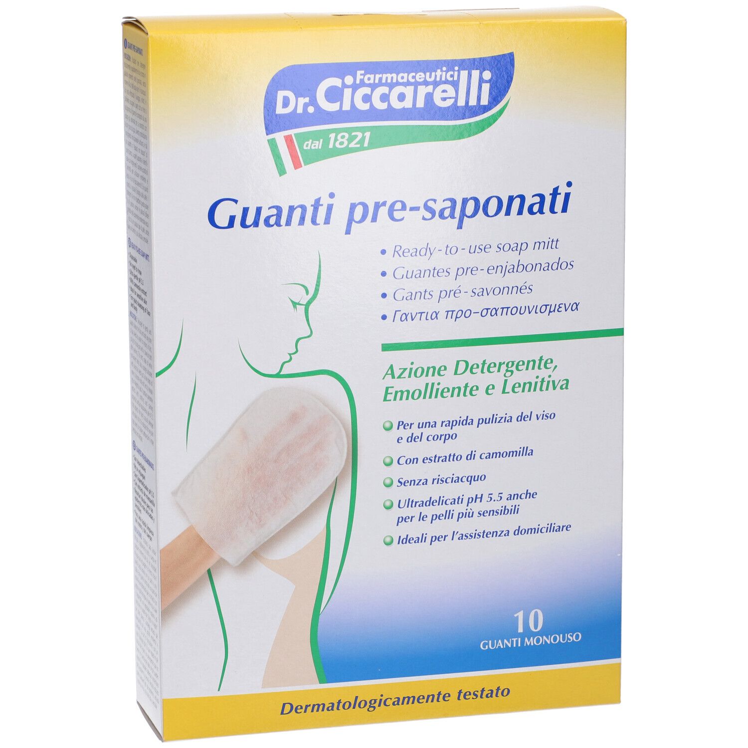 Confezione di Guanti pre-saponati. Marchio Dr. Ciccarelli. 10 pezzi. Scritte: Guanti pre-saponati, dermatologicamente testato.