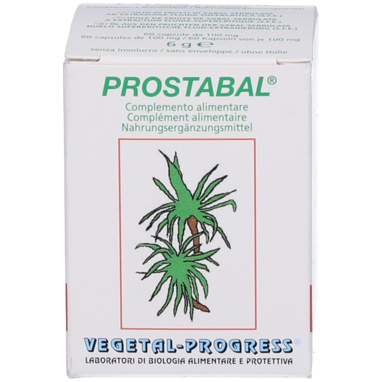 Scatola bianca con testo e illustrazione. "PROSTABAL" è scritto sulla scatola.
