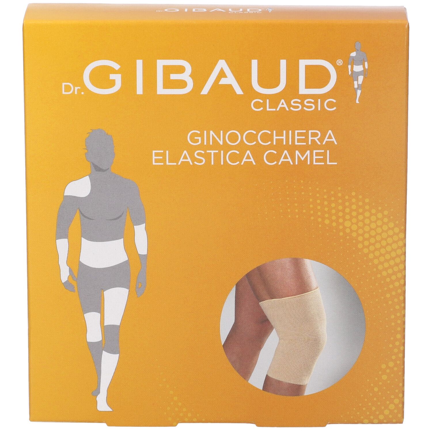 Confezione di Ginocchiera Sportiva Gibaud Camel. Scritta: Dr. Gibaud Classic, Ginocchiera Elastica Camel. Immagine di un ginocchiera.