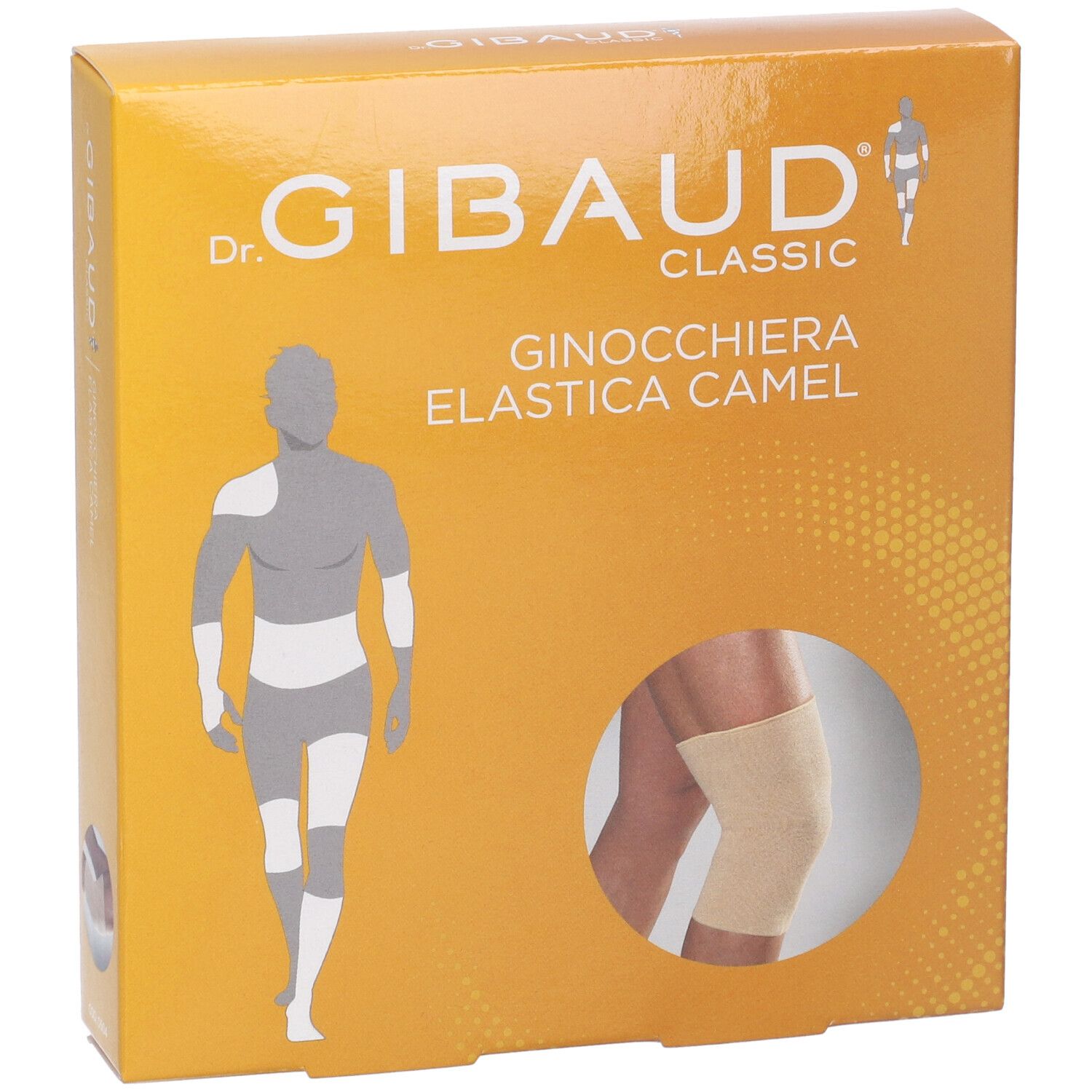 Confezione di Ginocchiera Sportiva Gibaud Camel. Scritta: Dr. Gibaud Classic, Ginocchiera Elastica Camel. Immagine di un ginocchiera.