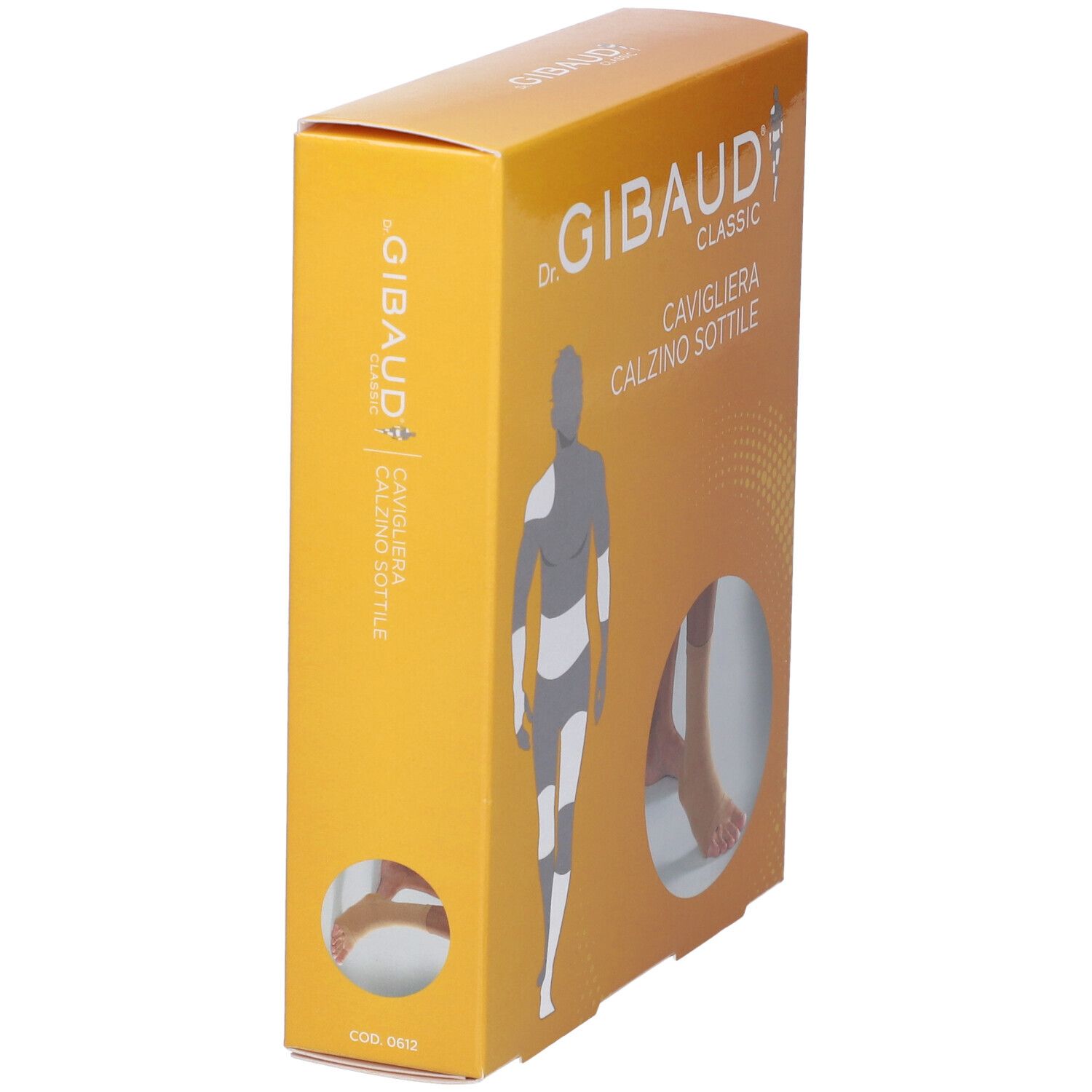 Confezione di cavigliera. Marchio Dr. Gibaud Classic. Prodotto: Cavigliera Calzino Sottile. Finestra con piede e bendaggio.