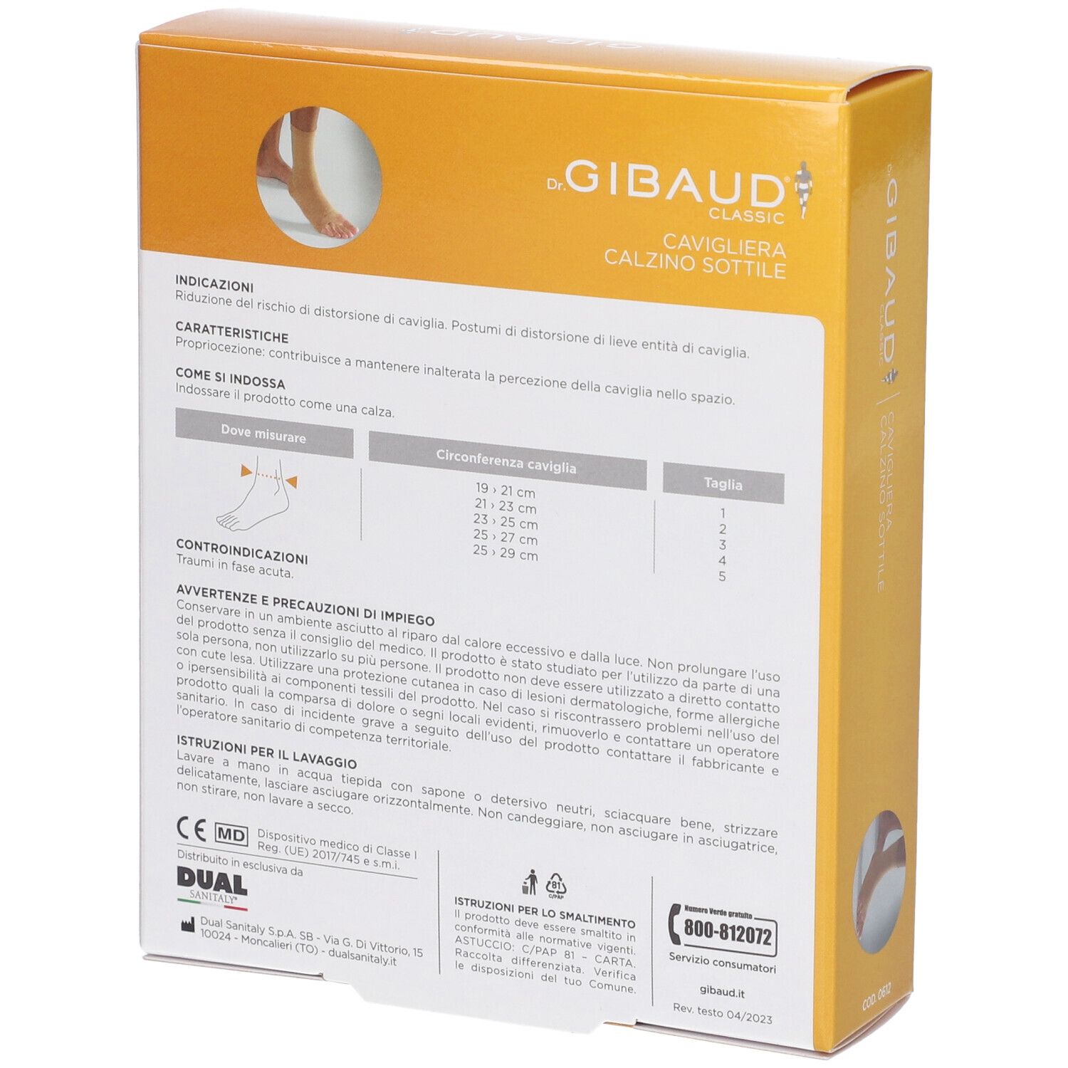 Retro della confezione con informazioni sul prodotto. Marchio Dr. Gibaud Classic. Prodotto: Cavigliera Calzino Sottile. Testo in italiano.