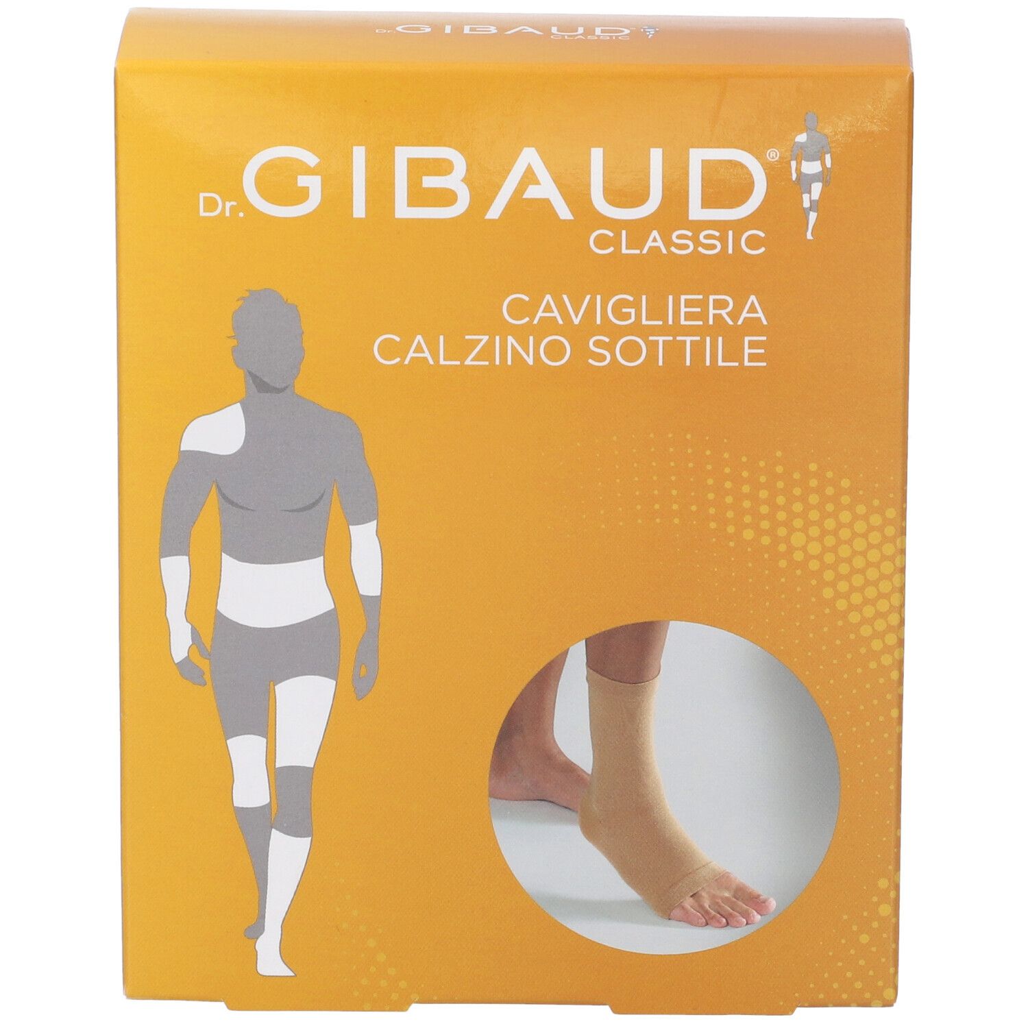 Confezione di cavigliera. Marchio Dr. Gibaud Classic. Prodotto: Cavigliera Calzino Sottile. Bendaggio beige visibile sul piede.
