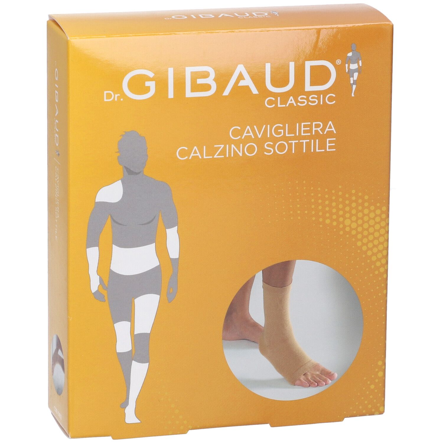 Confezione di cavigliera. Marchio Dr. Gibaud Classic. Prodotto: Cavigliera Calzino Sottile. Bendaggio beige visibile sul piede.