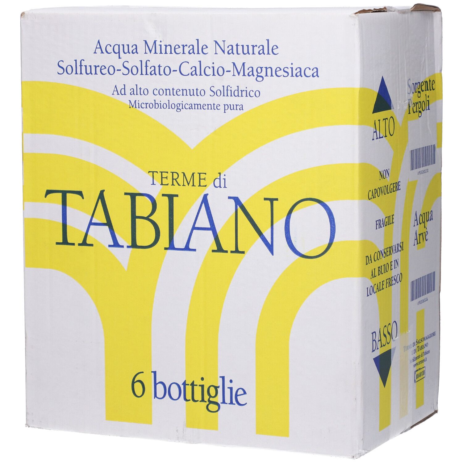 Scatola con scritta: Terme di Tabiano. 6 bottiglie. Acqua minerale. Design giallo e bianco.