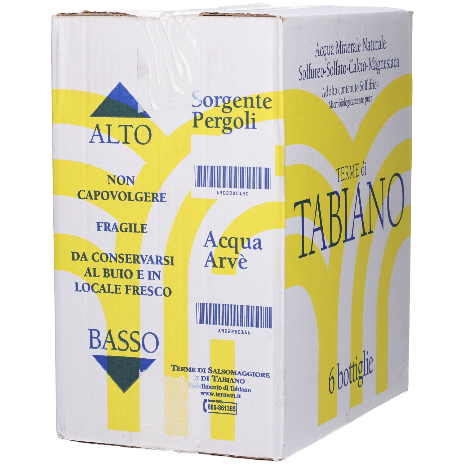 Scatola con scritta: Terme di Tabiano. 6 bottiglie. Acqua minerale. Design giallo e bianco.