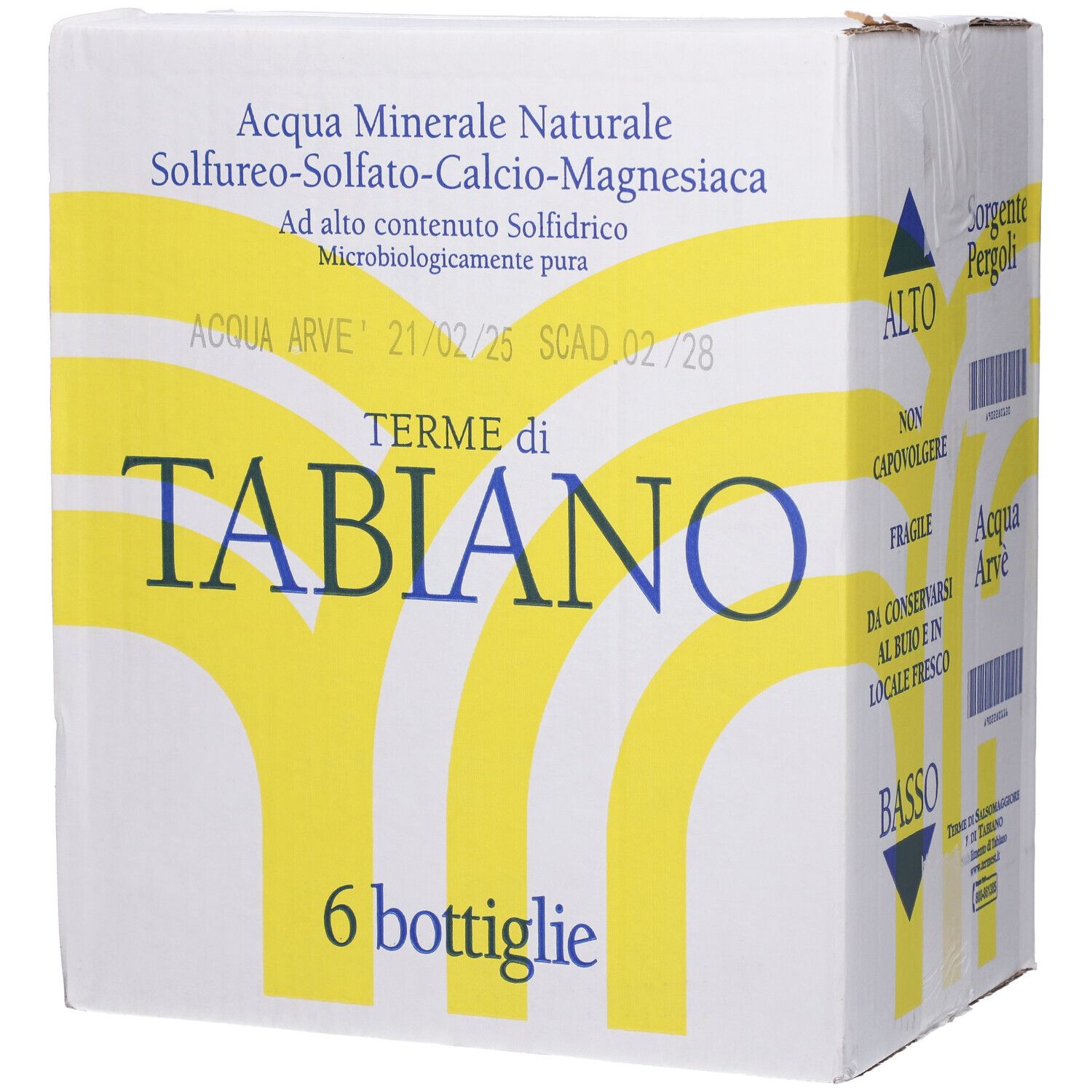 Scatola con scritta: Terme di Tabiano. 6 bottiglie. Acqua minerale. Design giallo e bianco.