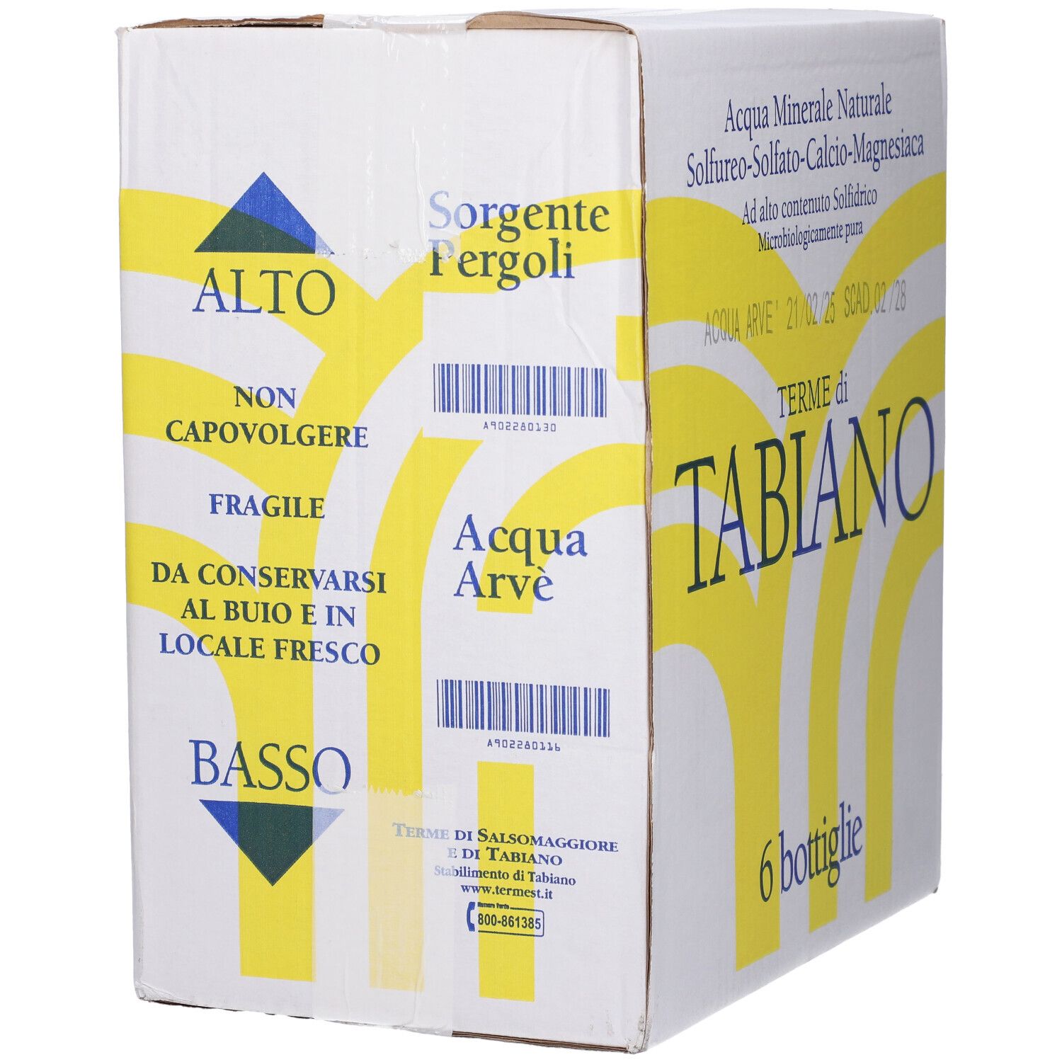 Scatola con scritta: Terme di Tabiano. 6 bottiglie. Acqua minerale. Design giallo e bianco.