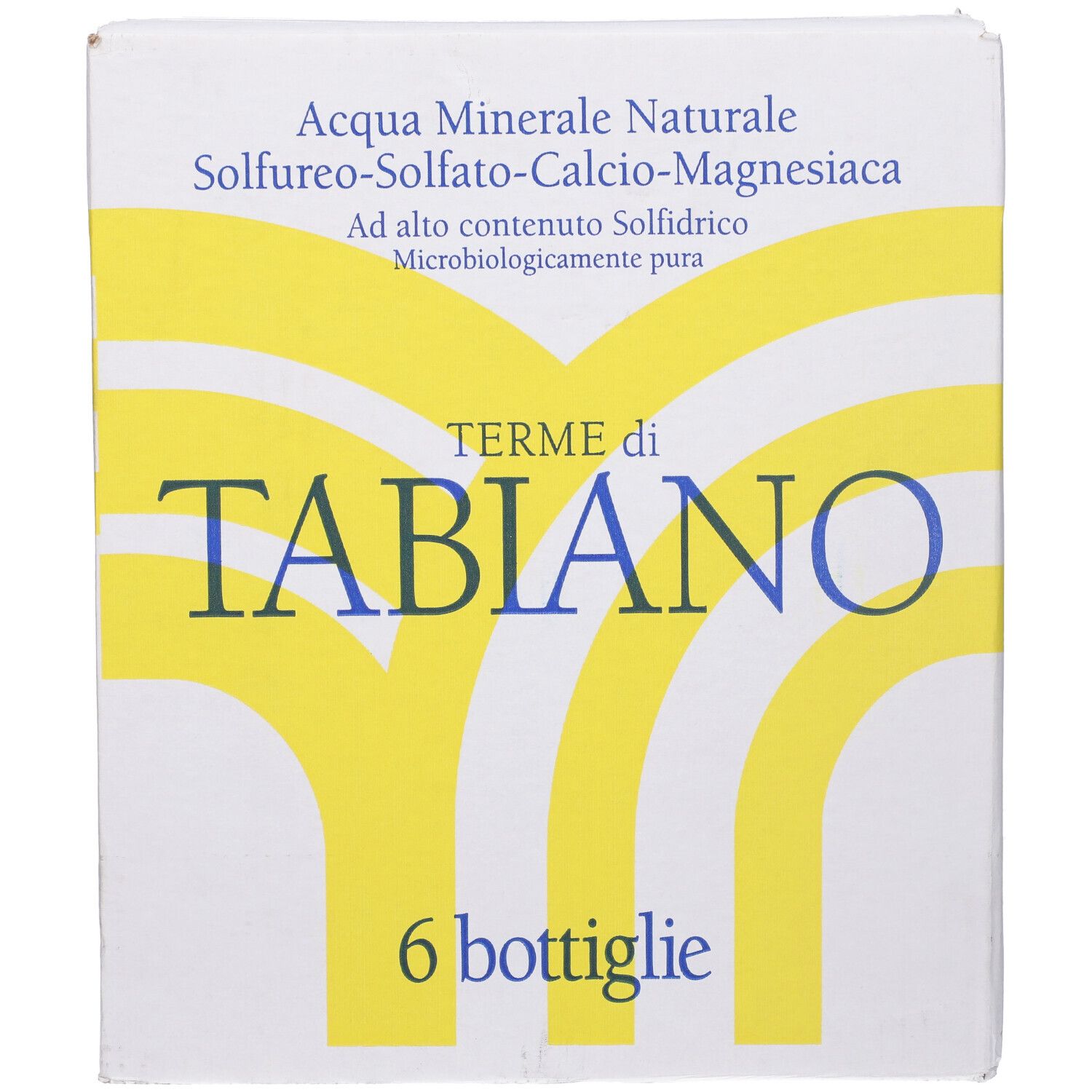 Scatola con scritta: Terme di Tabiano. 6 bottiglie. Acqua minerale. Design giallo e bianco.