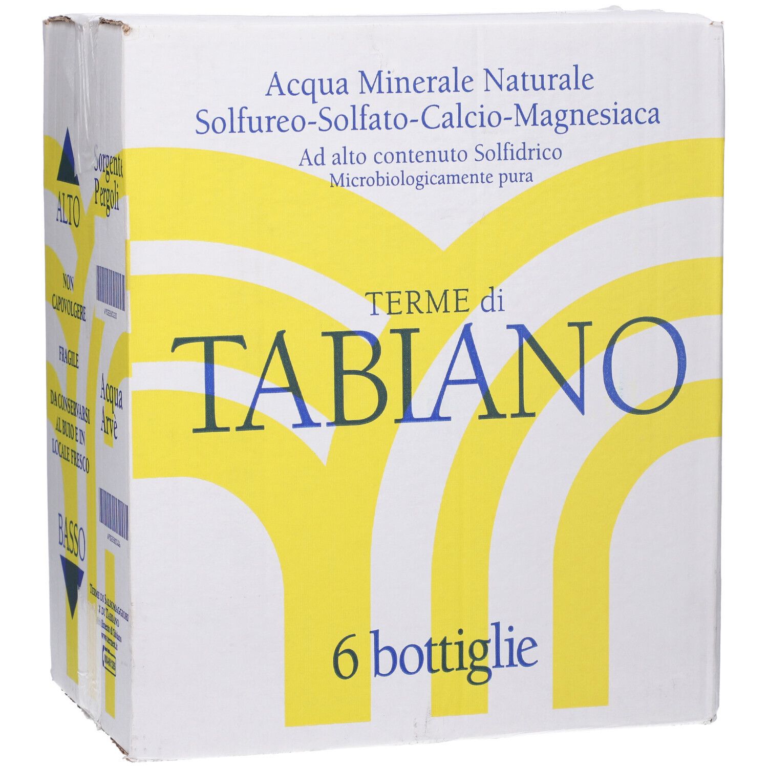 Scatola con scritta: Terme di Tabiano. 6 bottiglie. Acqua minerale. Design giallo e bianco.