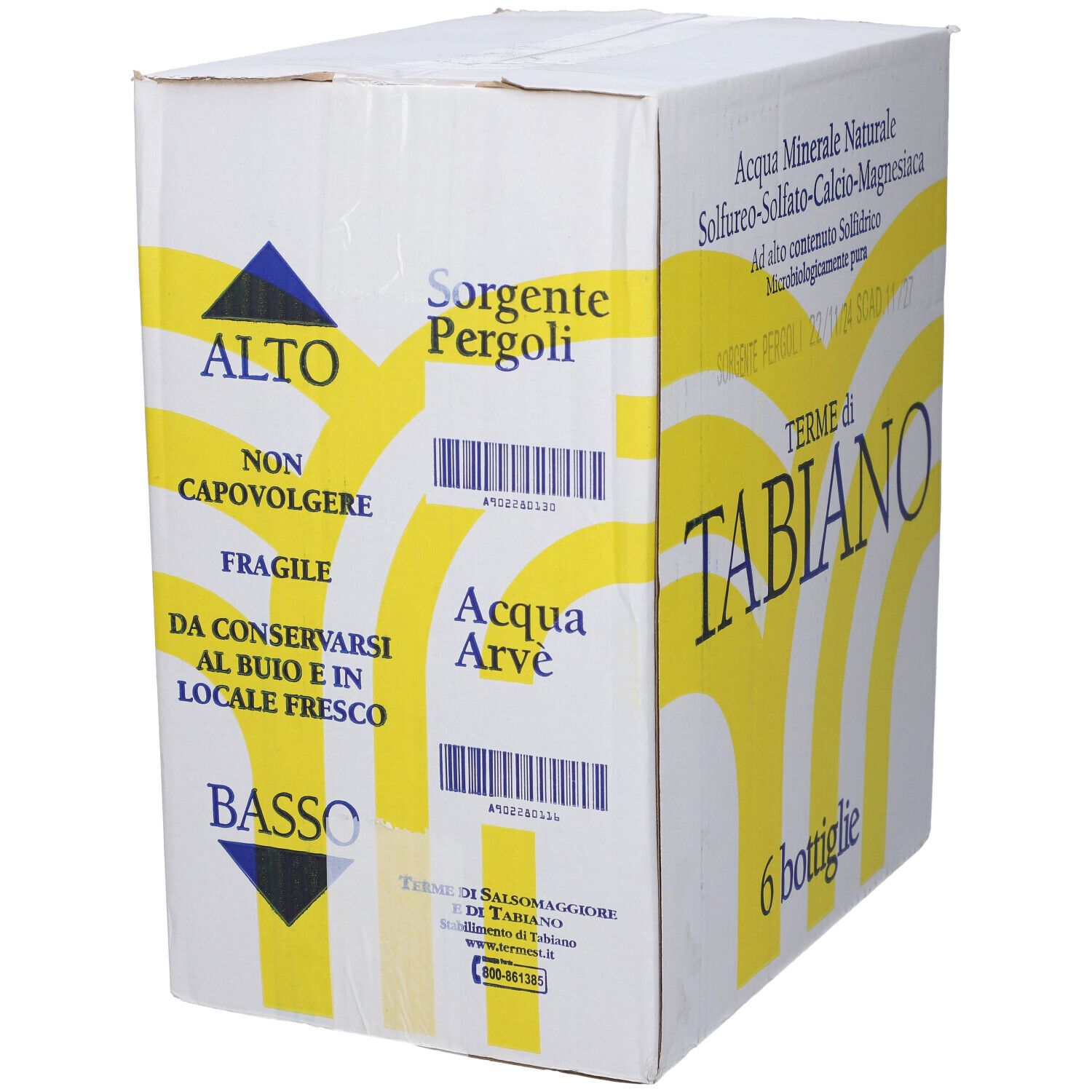 Scatola con 6 bottiglie. Scritta: Terme di Tabiano, Acqua Minerale Naturale. Logo giallo su sfondo bianco. Etichette.