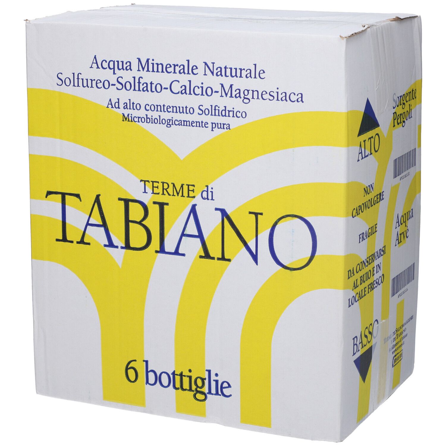 Scatola con 6 bottiglie. Scritta: Terme di Tabiano, Acqua Minerale Naturale. Logo giallo su sfondo bianco.