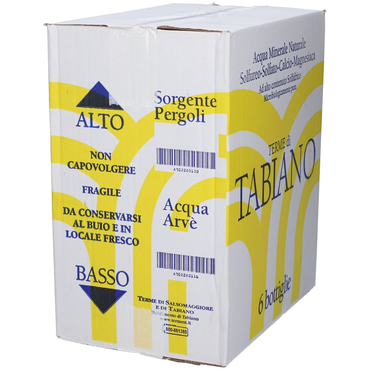 Scatola con 6 bottiglie. Scritta: Terme di Tabiano, Acqua Minerale Naturale. Logo giallo su sfondo bianco. Etichette.