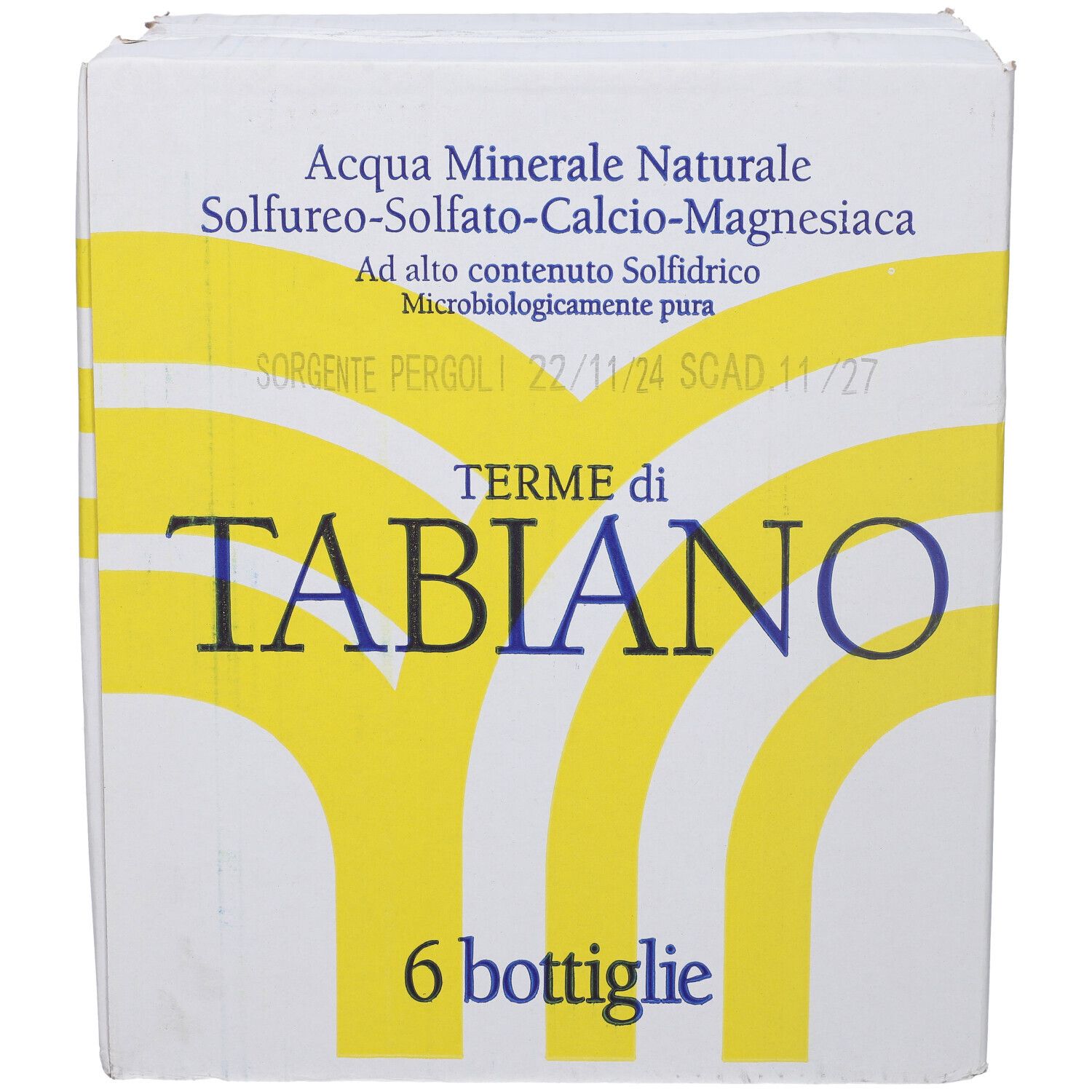 Scatola con 6 bottiglie. Scritta: Terme di Tabiano, Acqua Minerale Naturale. Logo giallo su sfondo bianco.
