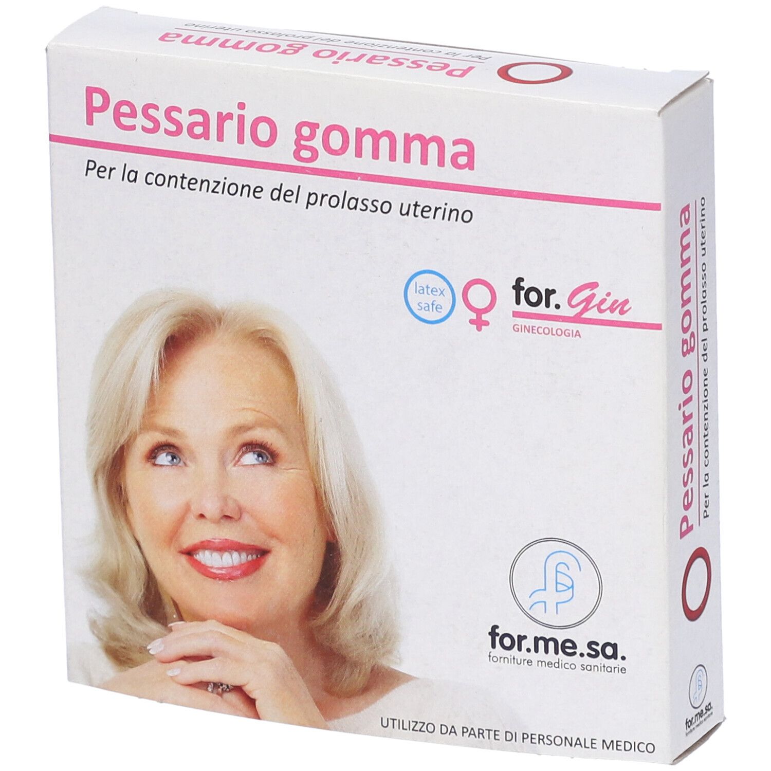 Scatola Pessario gomma, diametro 83 mm. Immagine di donna. Marchio for.Gin. Scritta in italiano.