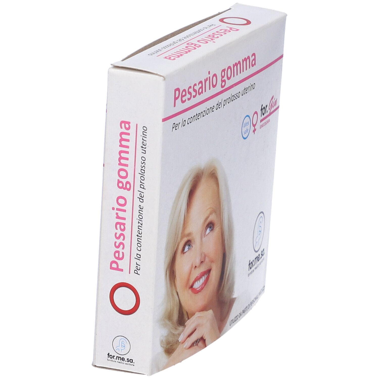 Scatola Pessario gomma inclinata, diametro 83 mm. Immagine di donna. Marchio for.Gin. Scritta in italiano.