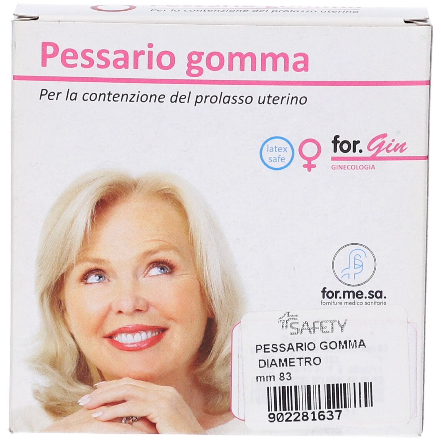 Scatola Pessario gomma, diametro 83 mm. Immagine di donna. Marchio for.Gin. Scritta in italiano.