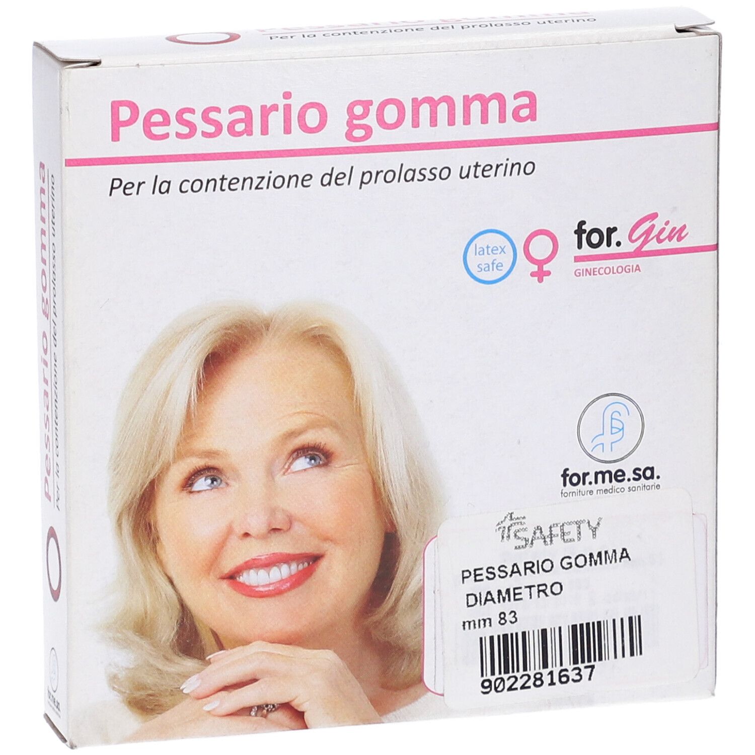 Scatola Pessario gomma, diametro 83 mm. Immagine di donna. Marchio for.Gin. Scritta in italiano.