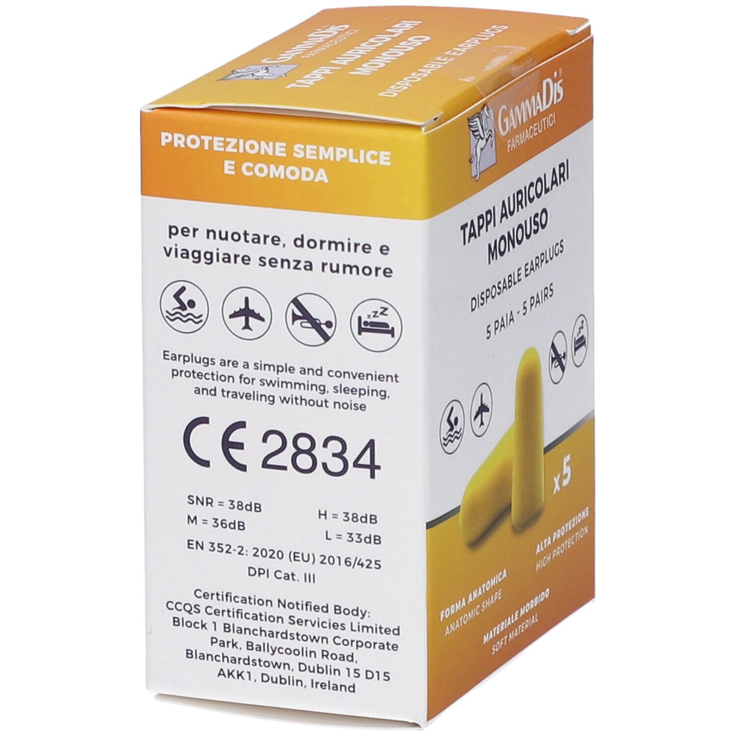 Scatola di tappi per le orecchie gialli. Scritto: Tappi Auricolari Monouso, 5 Paia. Certificazione CE 2834. SNR=38dB, EN 352-2:2020.