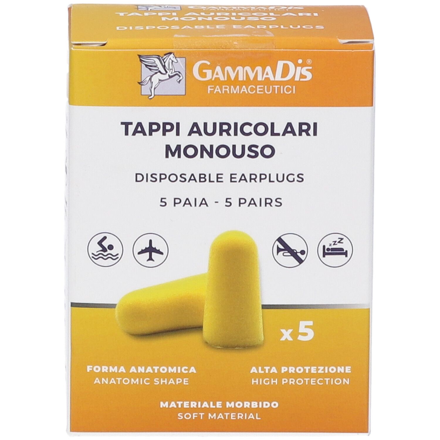 Tappi per le orecchie gialli e scatola. Scritto: Tappi Auricolari Monouso, 5 Paia. Forma anatomica, materiale morbido.