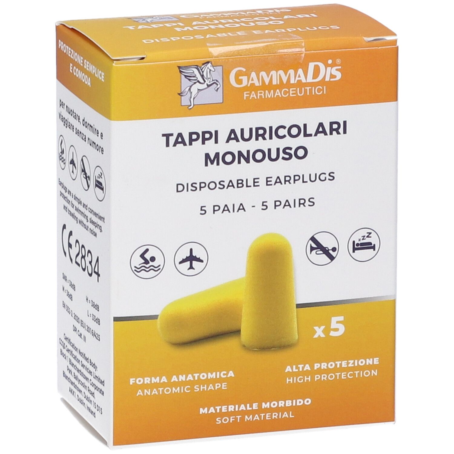 Tappi per le orecchie gialli e scatola. Scritto: Tappi Auricolari Monouso, 5 Paia. Certificazione CE 2834.