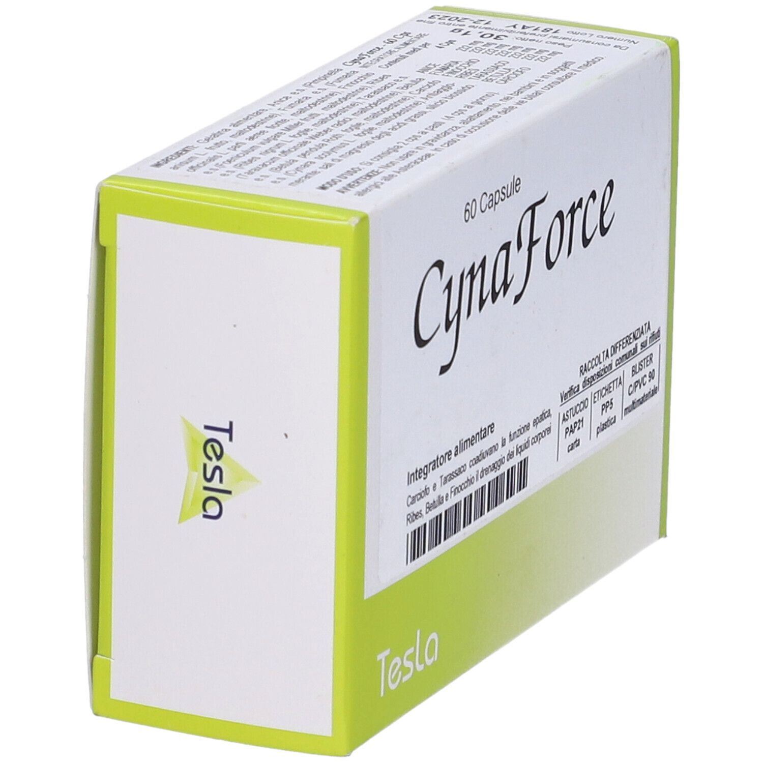 Scatola bianca e verde. Scritta: CynaForce, 60 capsule. Marchio: Tesla. Testo in italiano.