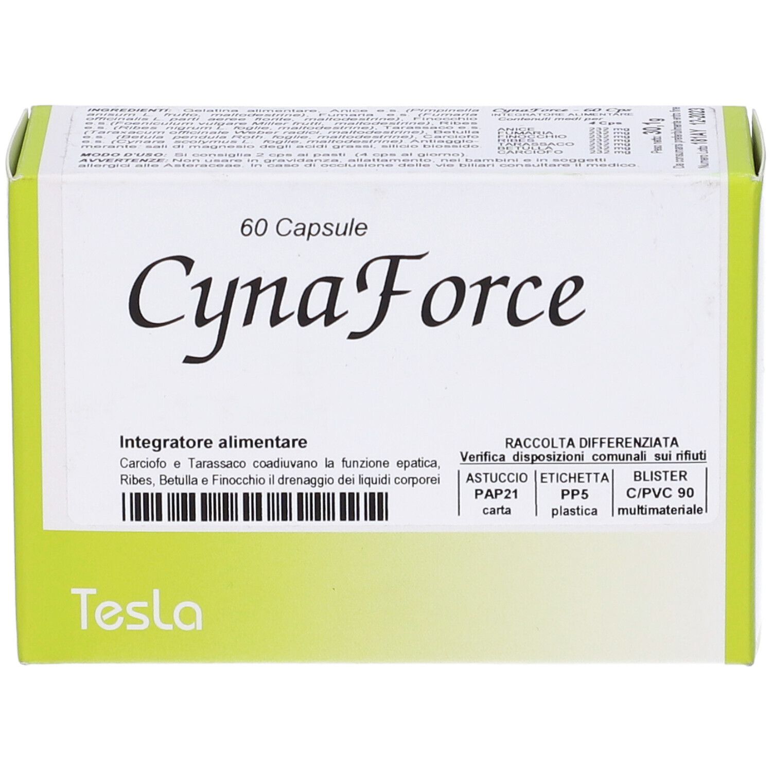 Scatola bianca con dettagli verdi. Scritta: CynaForce, 60 capsule. Marchio: Tesla. Testo in italiano.