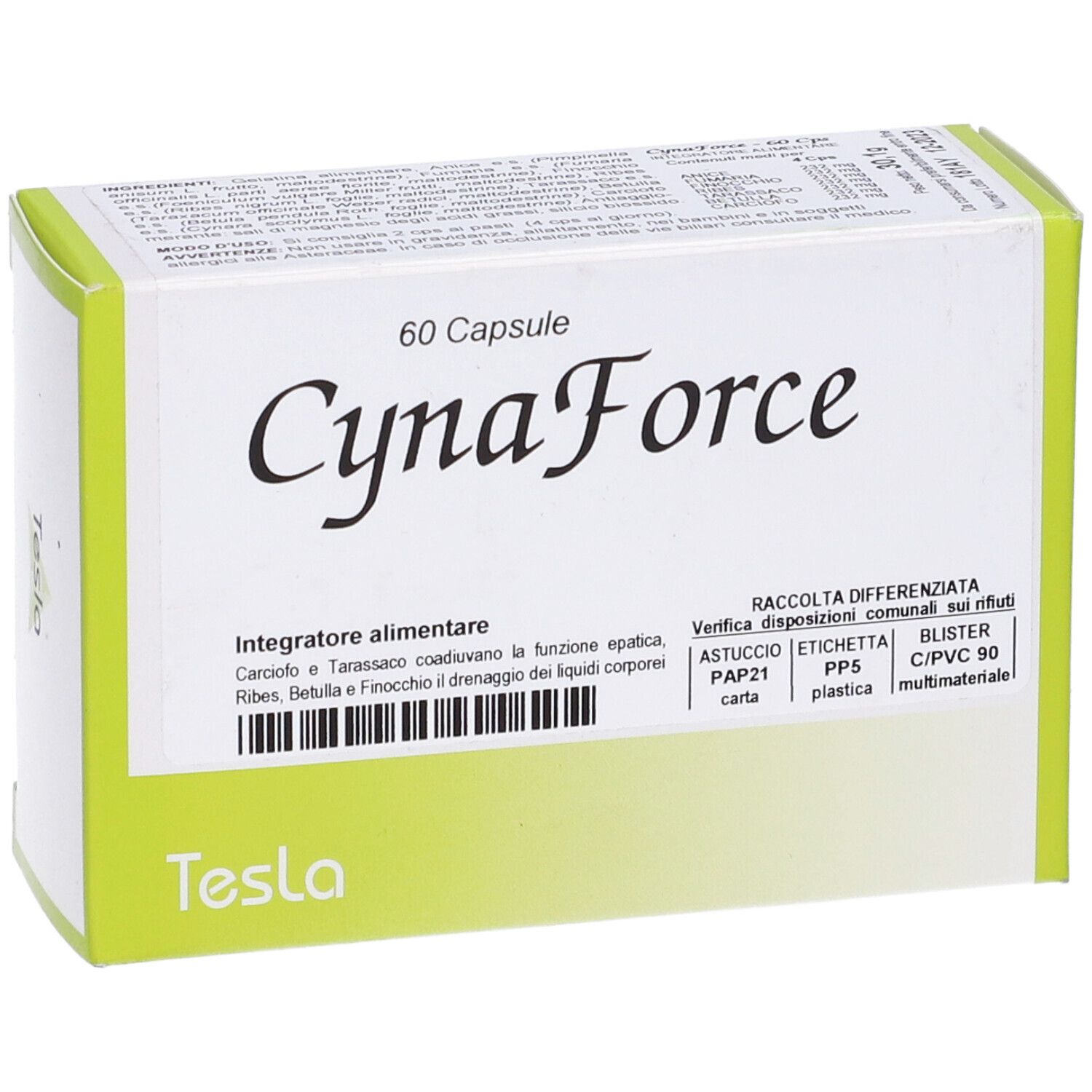 Scatola bianca con dettagli verdi. Scritta: CynaForce, 60 capsule. Marchio: Tesla. Testo in italiano.
