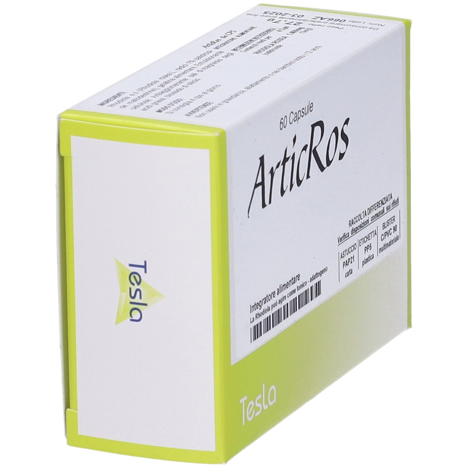 Scatola di 60 capsule ArticRos. Marchio Tesla. Confezione verde e bianca.