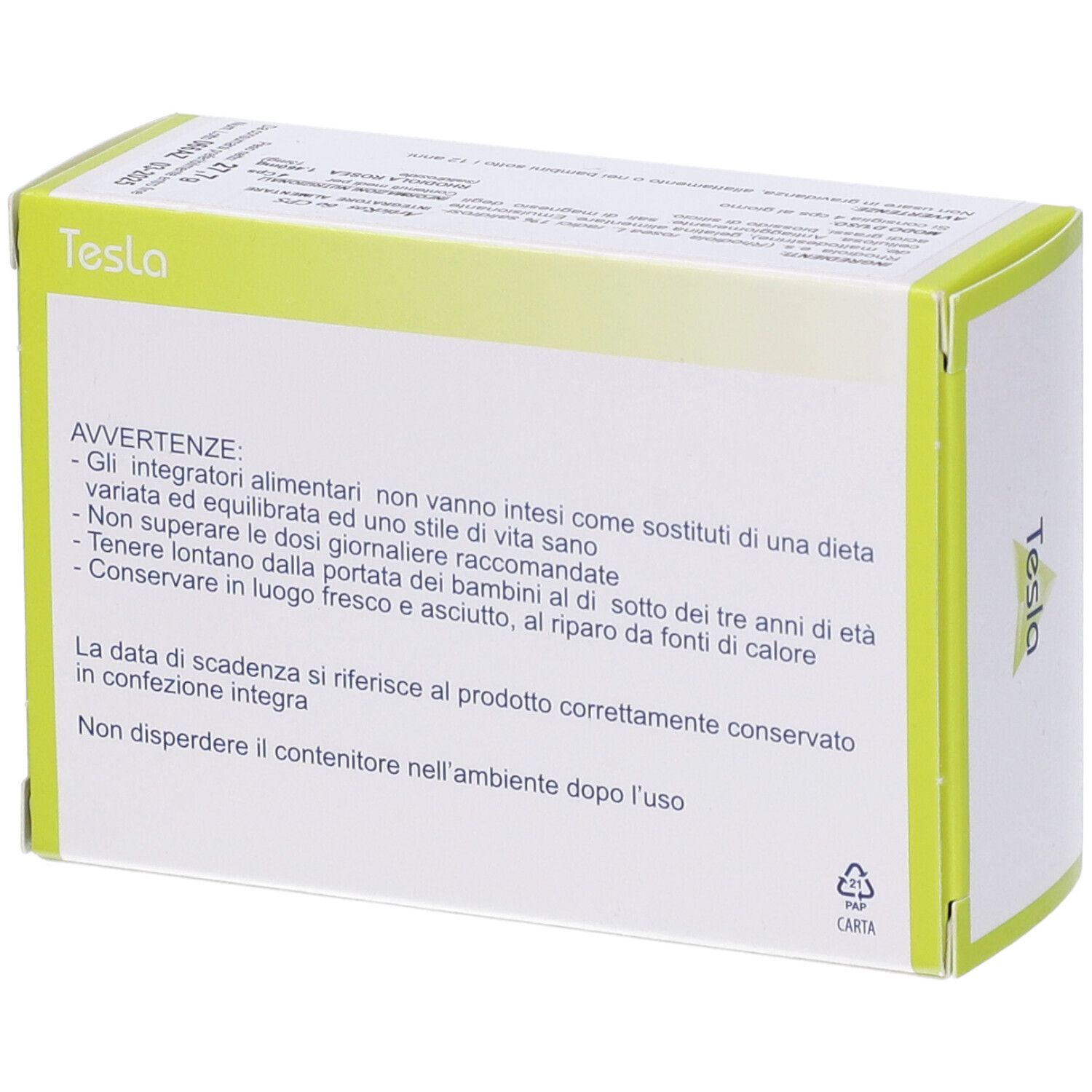 Retro della scatola con avvertenze. Marchio Tesla. Confezione verde e bianca.
