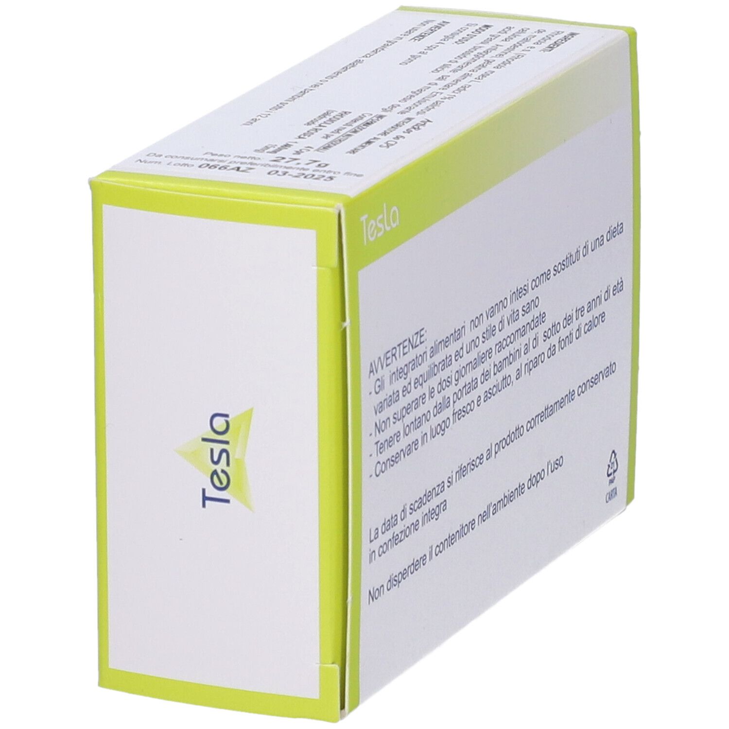 Scatola con avvertenze. Marchio Tesla. Confezione verde e bianca.