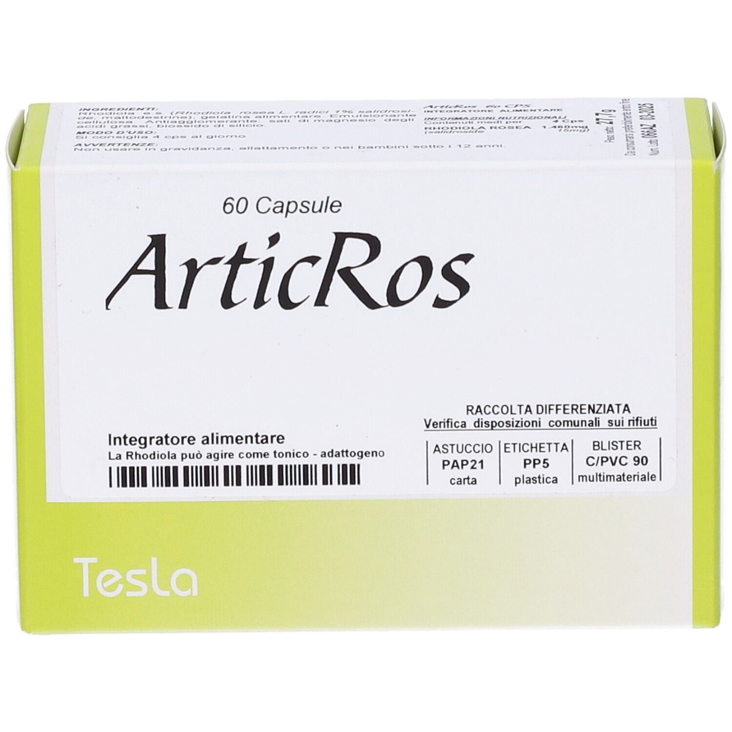 Scatola di 60 capsule ArticRos. Marchio Tesla. Confezione verde e bianca.